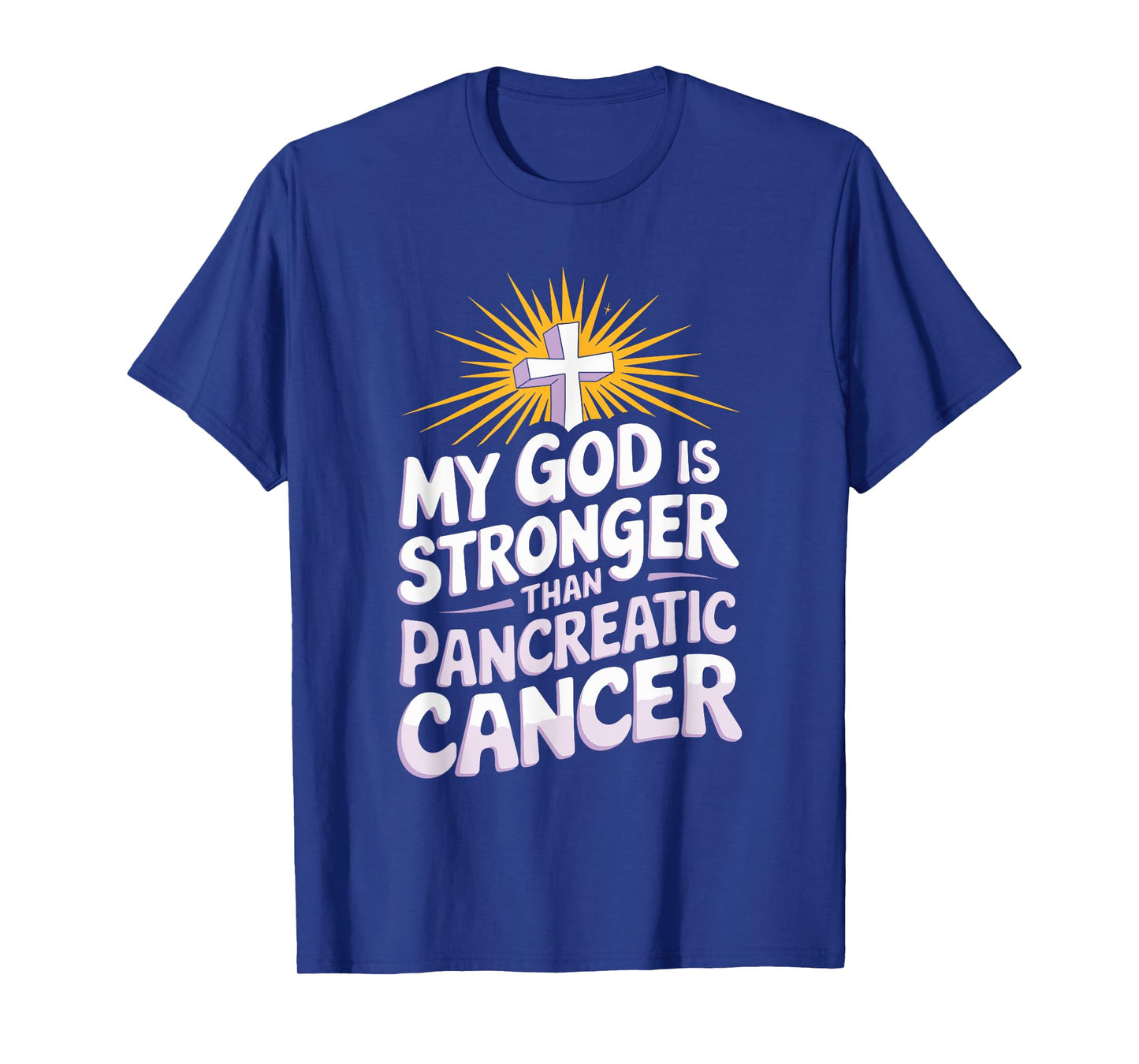 My God Is Stronger Than Pancreatic Cancer Purple Ribbon T-Shirt