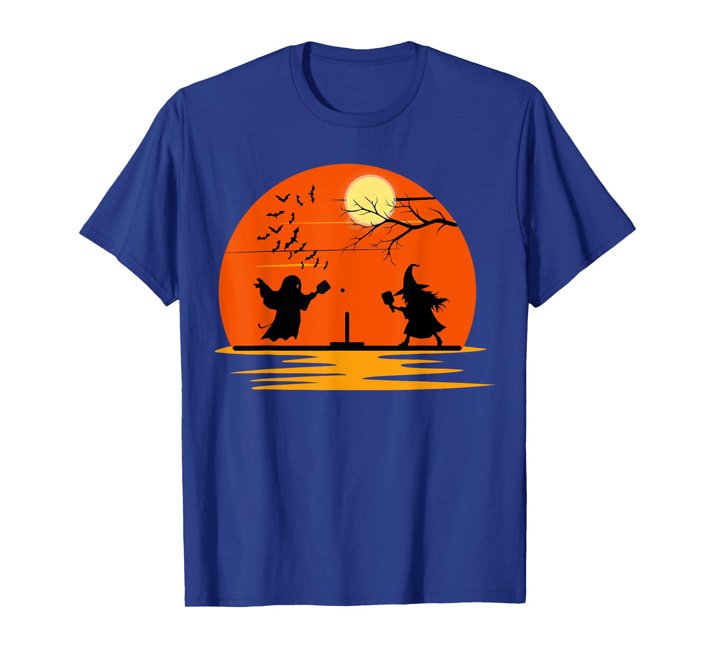 Ghost and Witch Playing Pickleball Halloween Costume Sunset T-Shirt