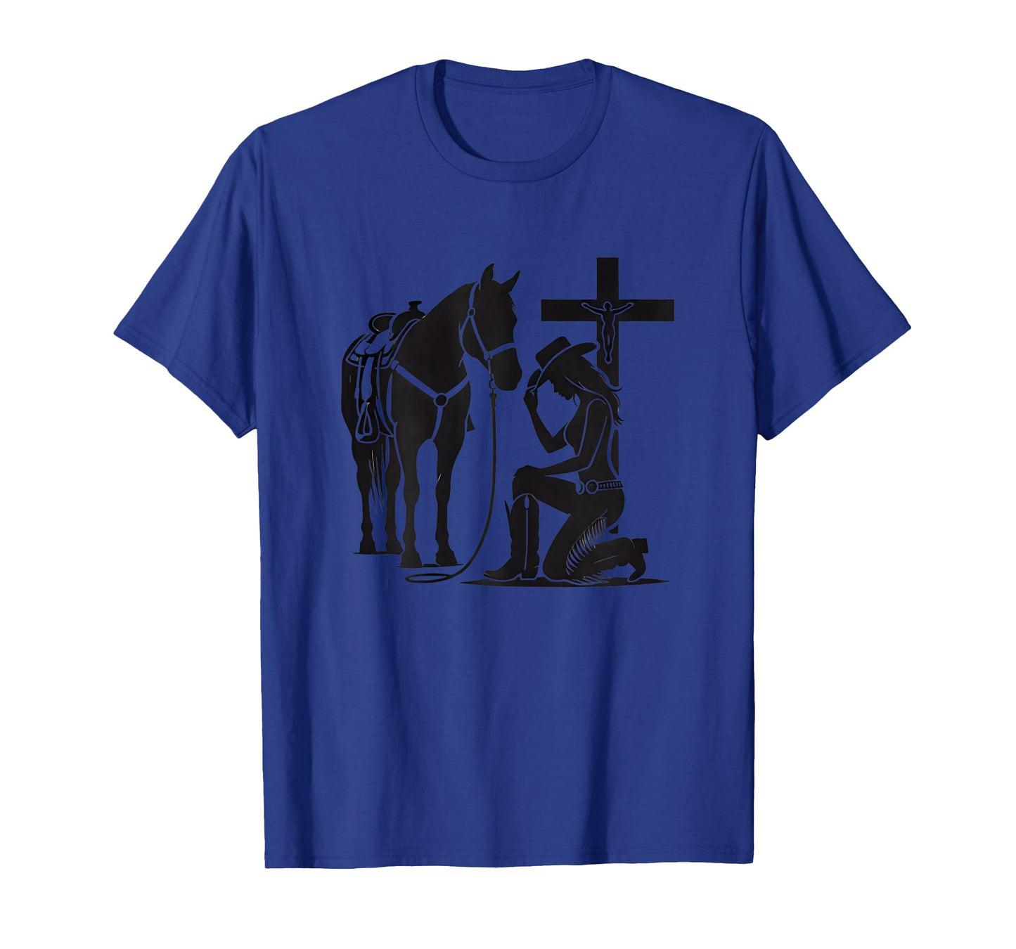 Christian Inspirational Cowgirl Praying with Horse & Cross T-Shirt