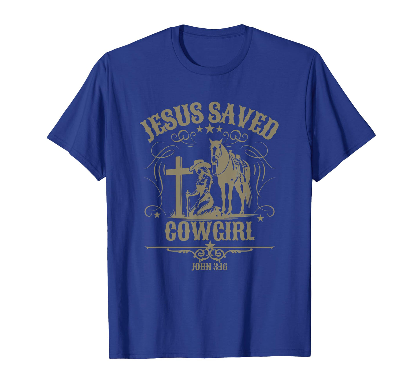 Christian Cowgirl Kneeling at Cross Western Scripture Jesus T-Shirt