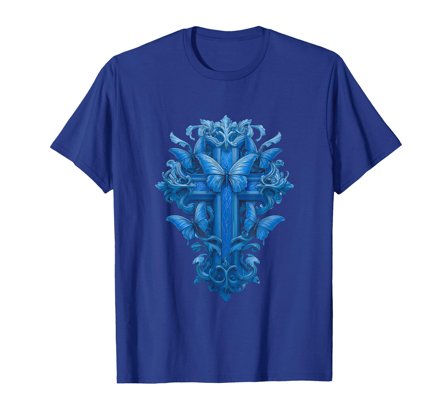 Blue Christian Cross with Butterfly Symbols of Hope T-Shirt