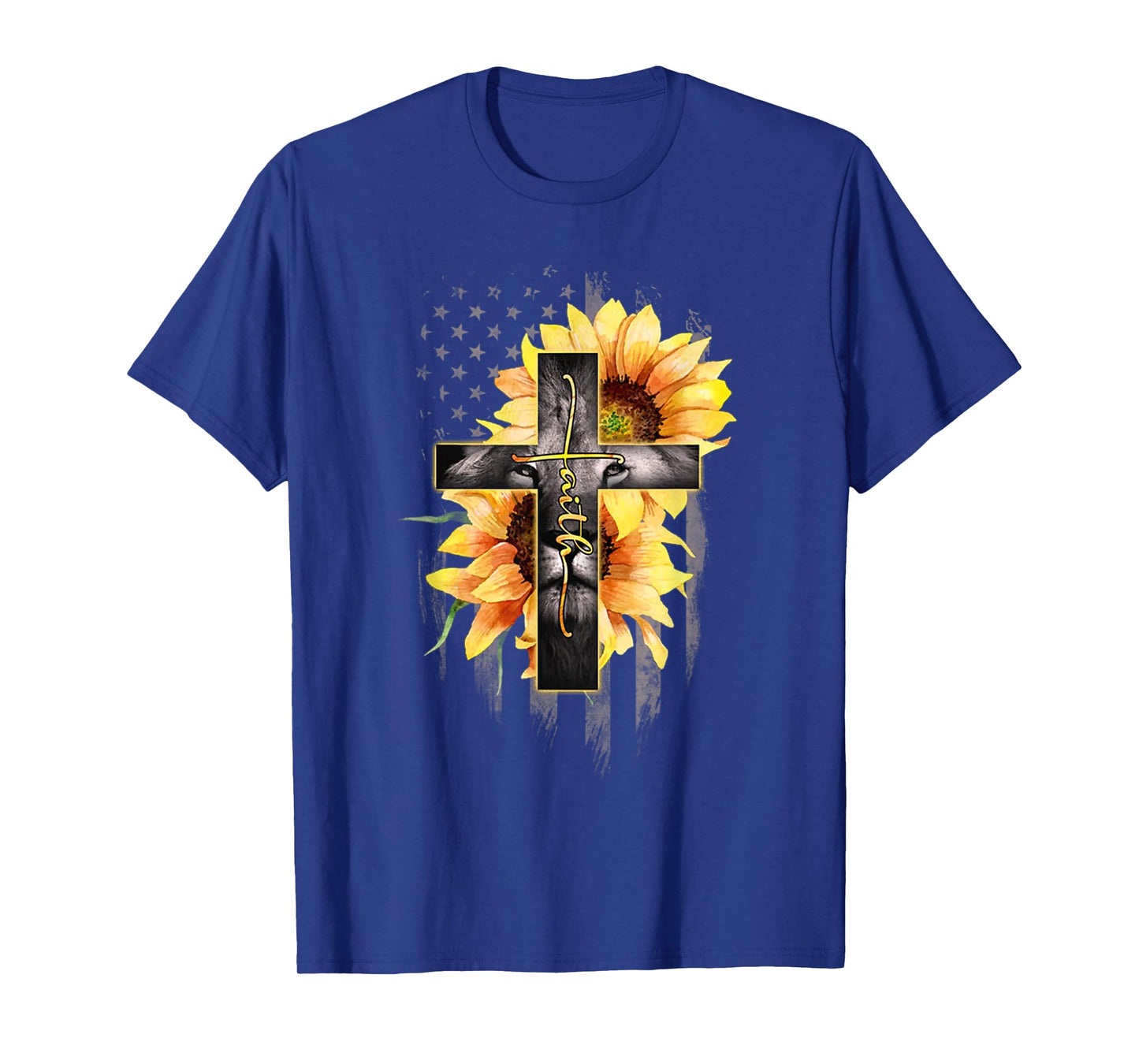 Faith Cross Christian Lion Sunflower American Flag T-Shirt