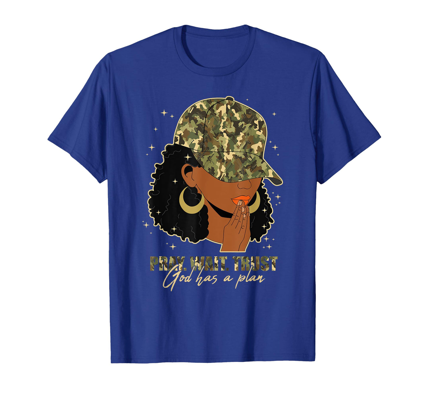 Pray Wait Trust Praying Black Woman Afro Christian Camo T-Shirt