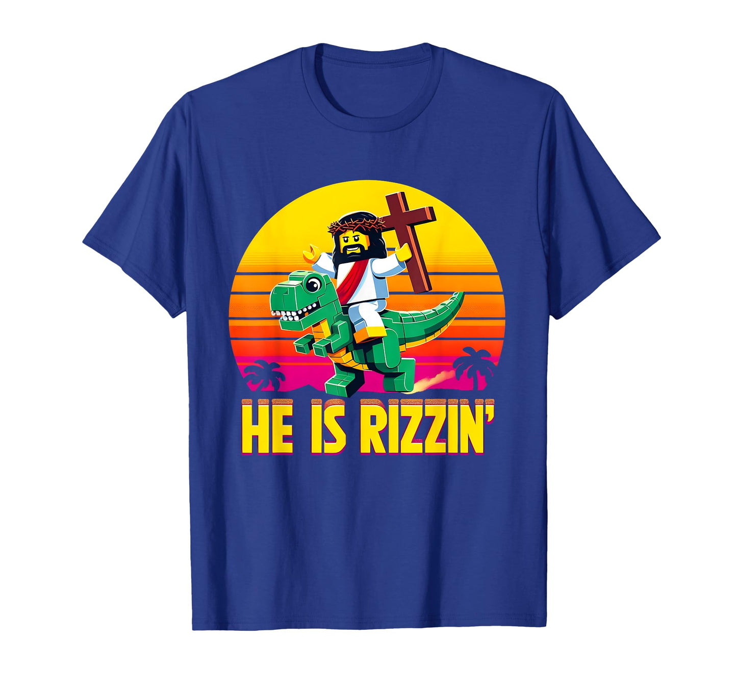 He Is Rizzen Jesus Has Rizzen Retro Christian Pixel Dinosaur T-Shirt