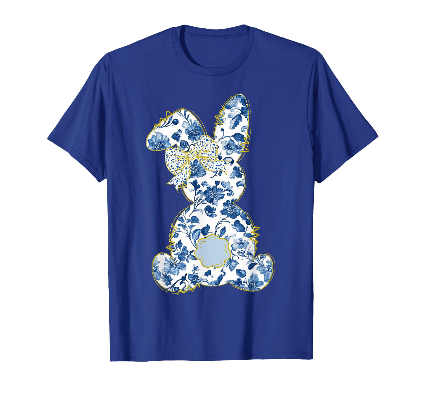 Cute Easter Toile Chinoiserie Blue Floral Bunny Coquette Bow T-Shirt