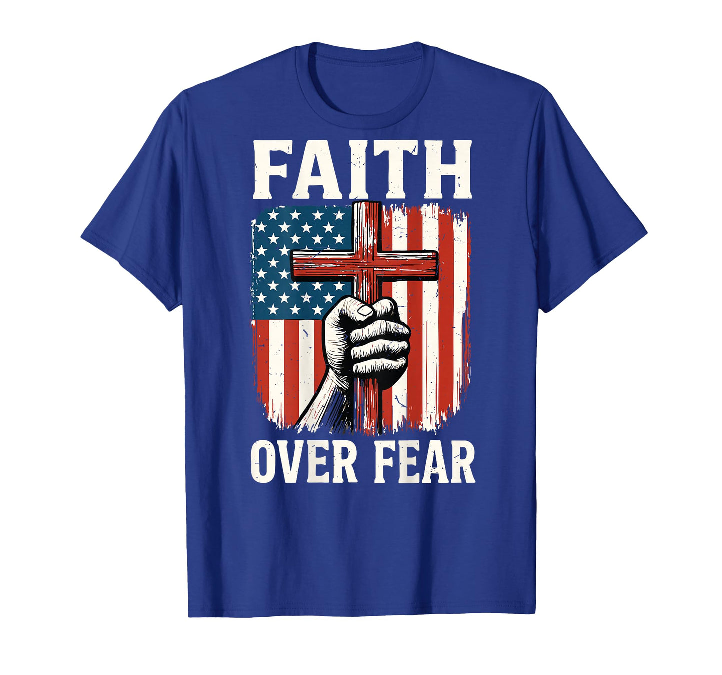Mens American Flag Faith Over Fear Christian Patriotic Cross T-Shirt