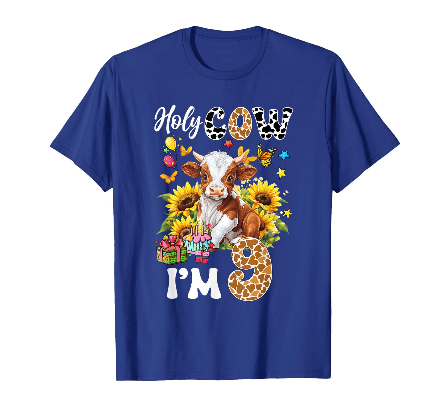 Holy Cow I'm 9 Years Old Farm Cow Sunflowers 9Th Birthday T-Shirt