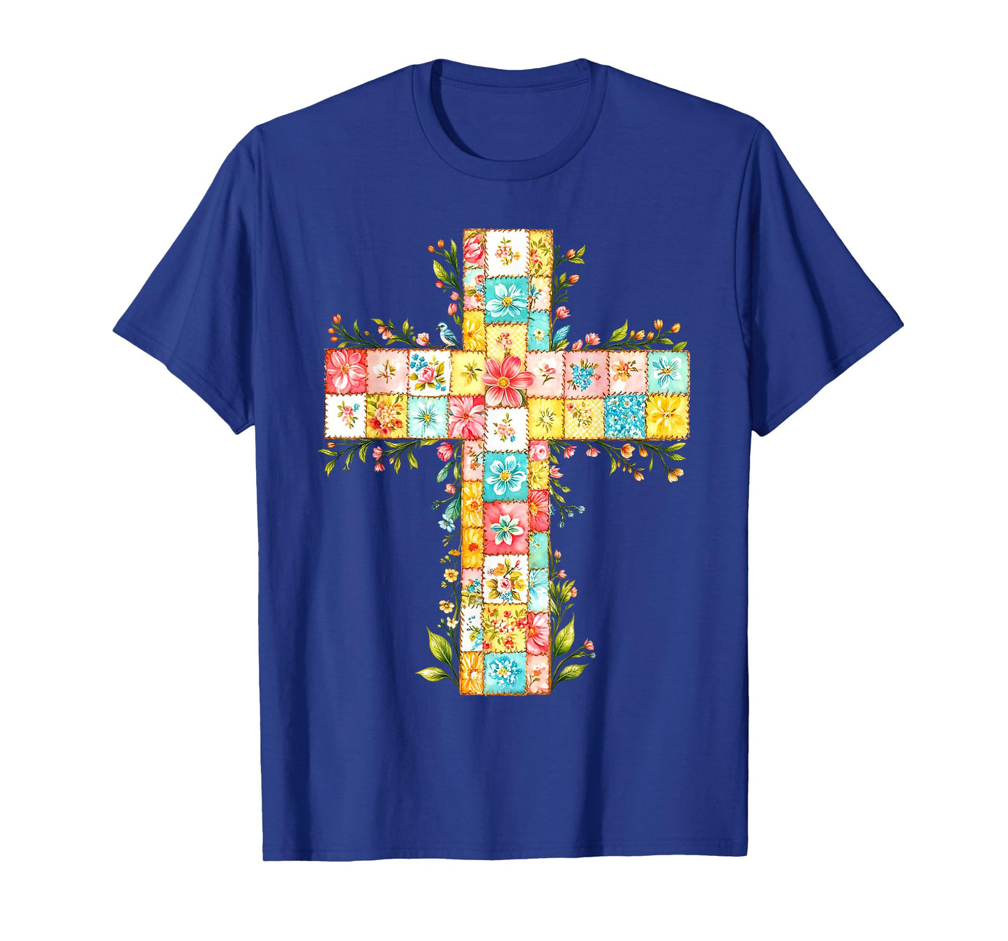 Vintage Floral Patchwork Cross Christian Faith Religious T-Shirt