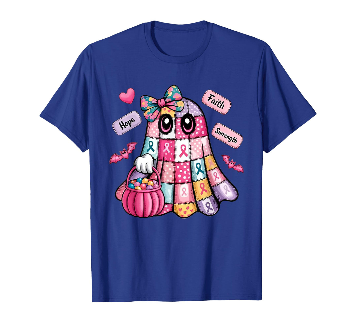 Faith Hope Surrength Patchwork Ghost Breast Cancer Awareness T-Shirt