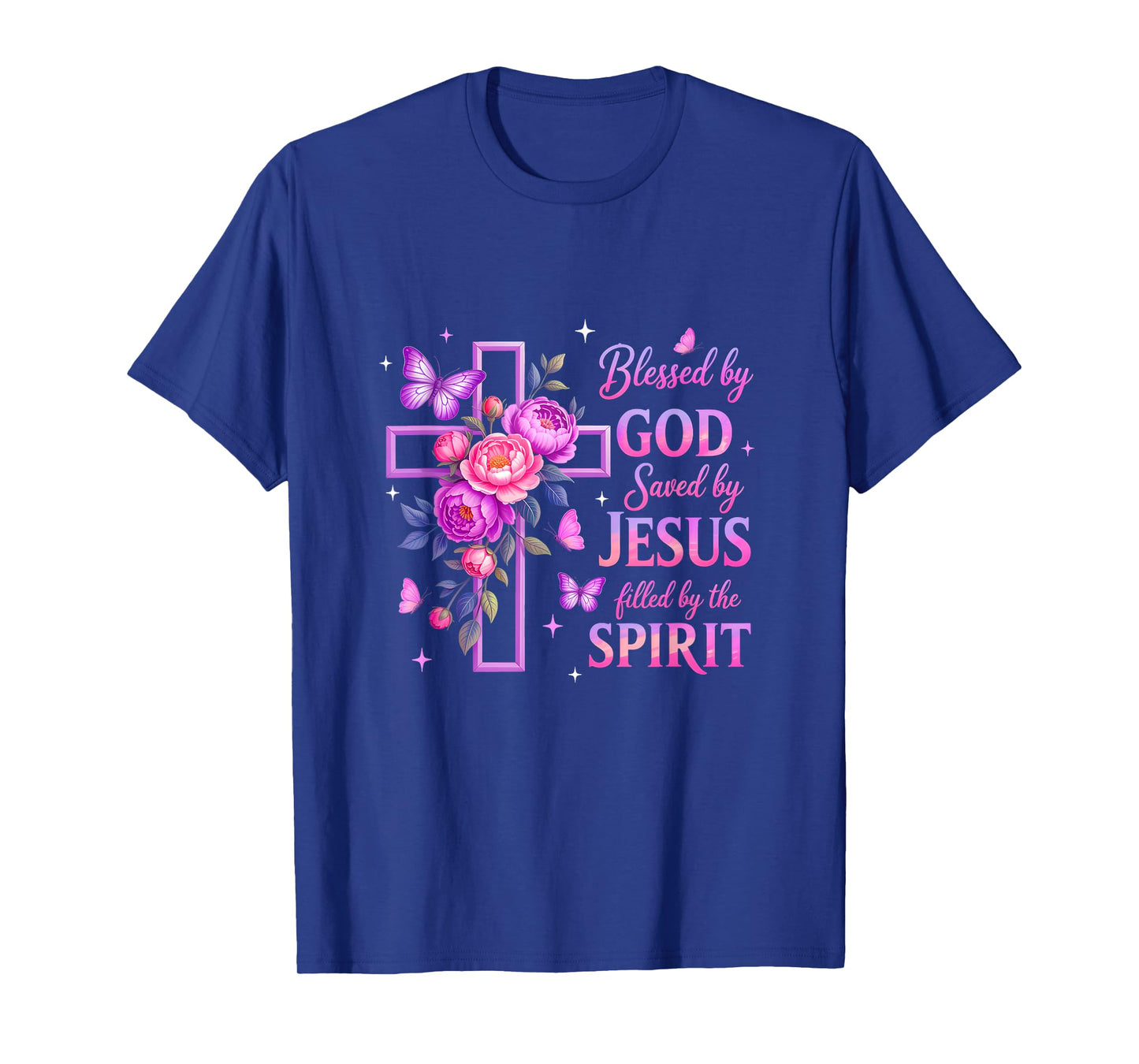 Blessed By God Saved By Jesus Purple Floral Cross Christian T-Shirt