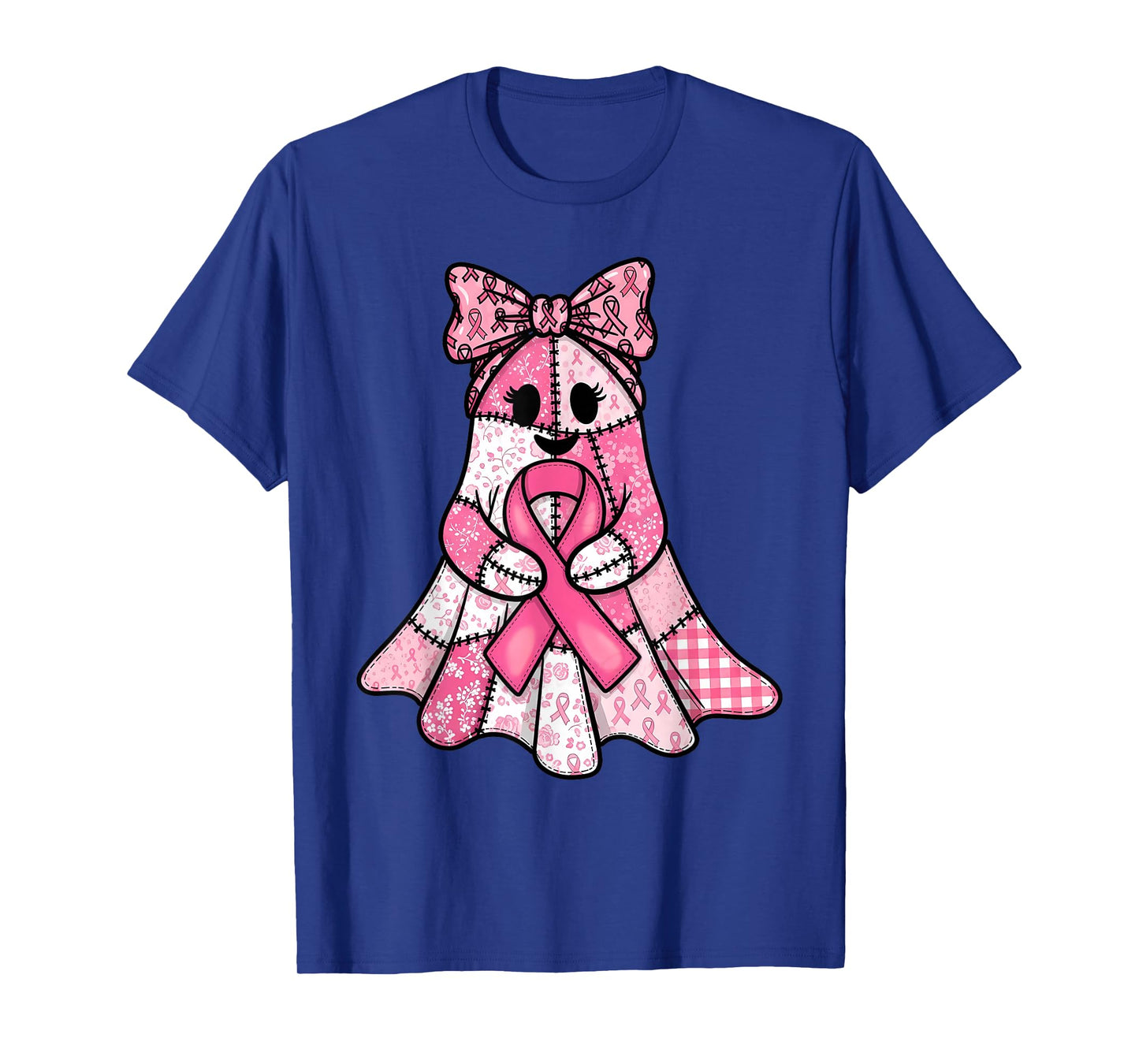 Pink Ribbon Patchwork Ghost Breast Cancer Spooky Halloween T-Shirt