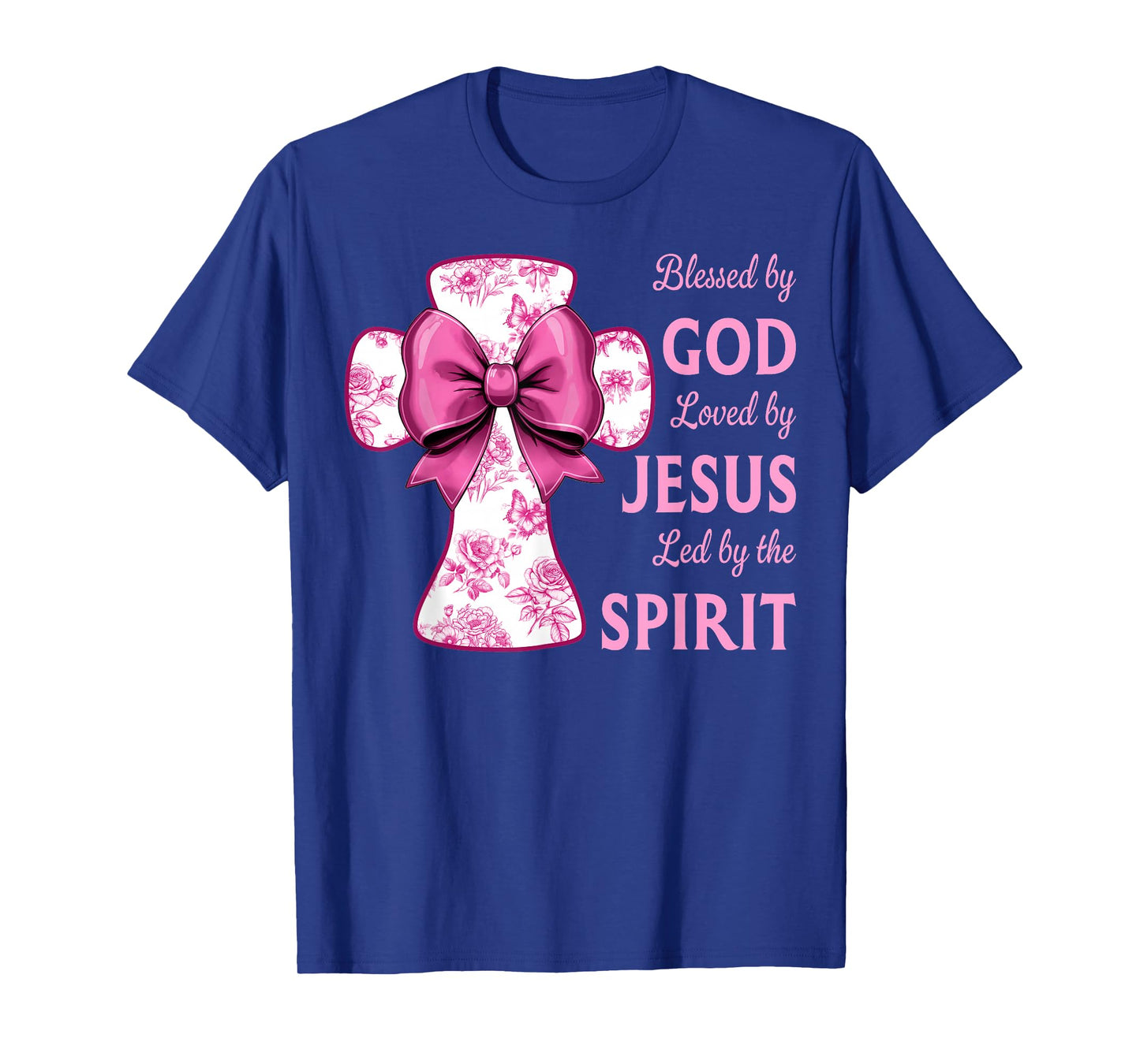 Blessed by God Loved by Jesus Pink Toile Cross Christian T-Shirt