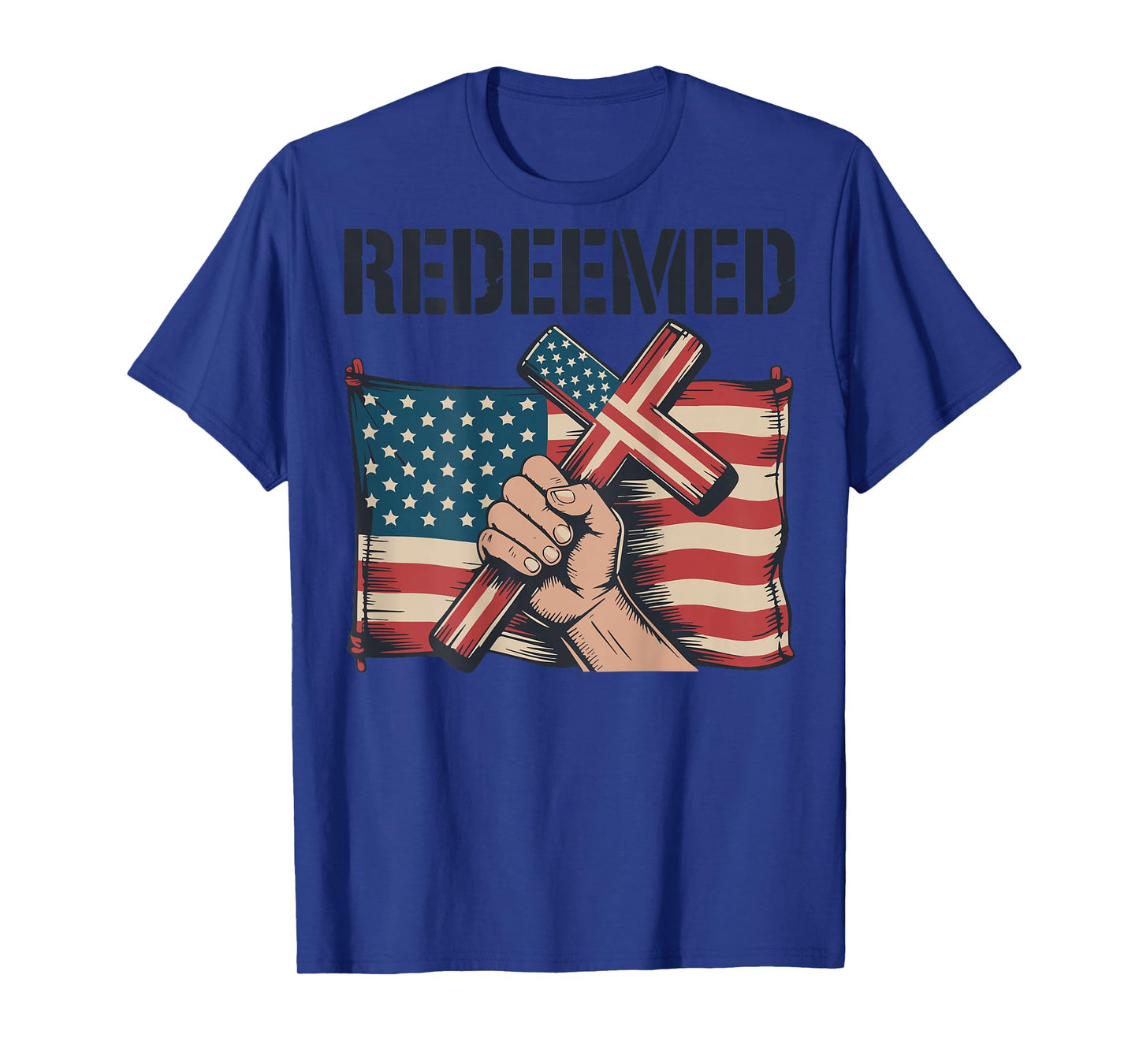 Men's Redeemed American Flag Christian Patriotic Cross Faith T-Shirt