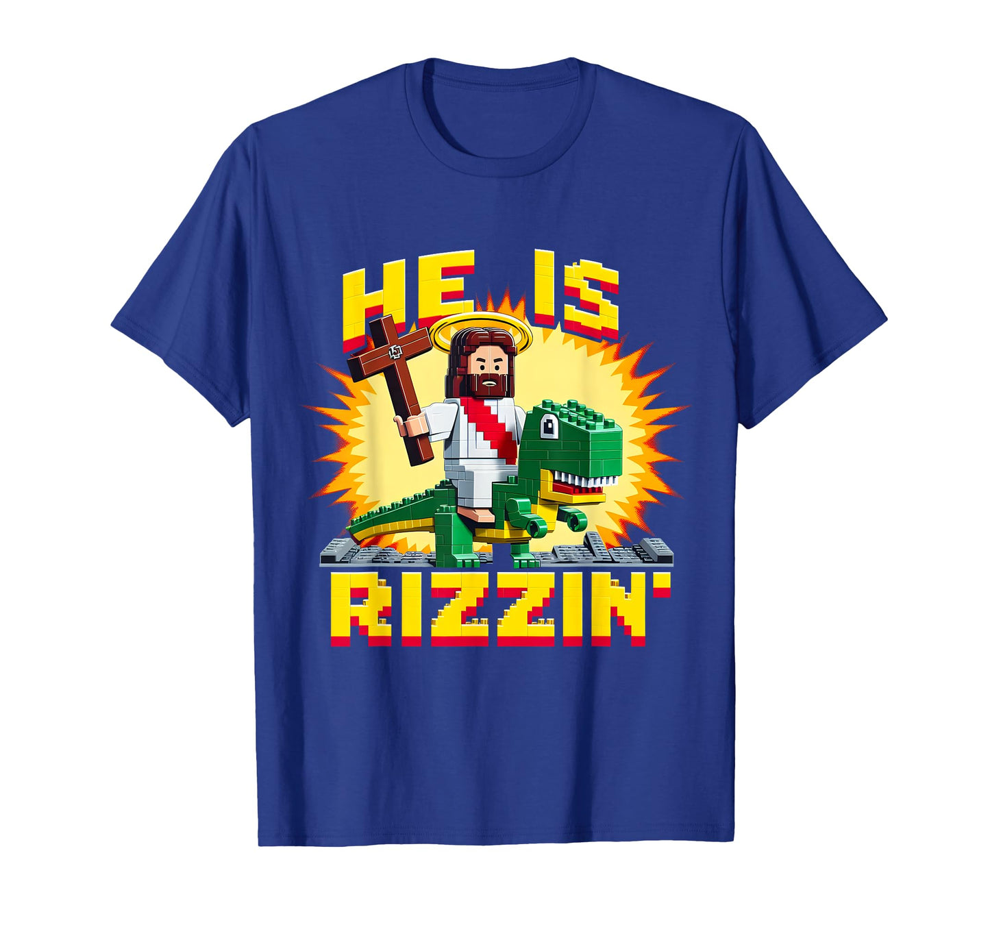 He Is Rizzen Jesus Has Rizzen Retro Christian Pixel Dinosaur T-Shirt
