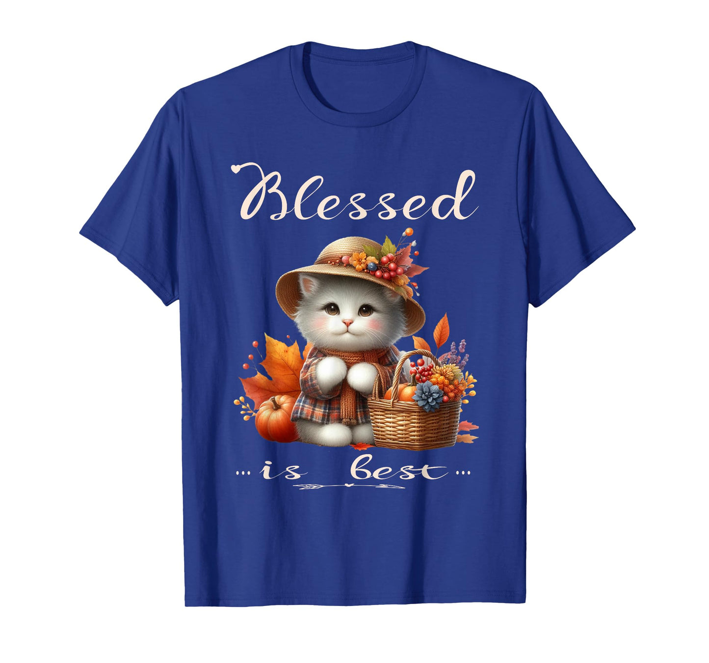 Blessed is Best Fall & Autumn Cute White Vintage Kitty & Hat T-Shirt