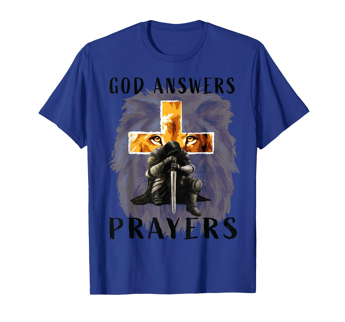 God Answers Prayers Warrior Men Christian Cross Lion Graphic T-Shirt
