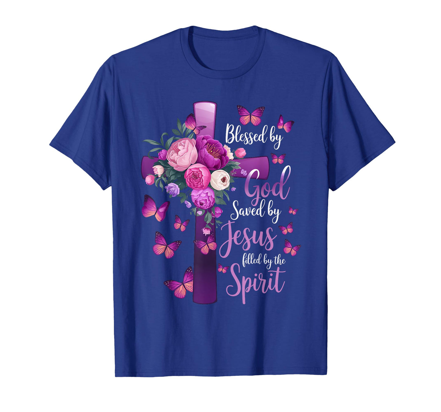 Blessed by God Saved by Jesus Purple Floral Cross Christian T-Shirt