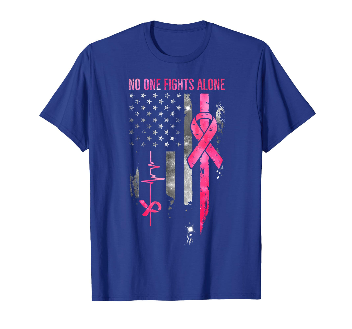 No One Fight Breast Cancer Alone Pink Ribbon American Flag T-Shirt