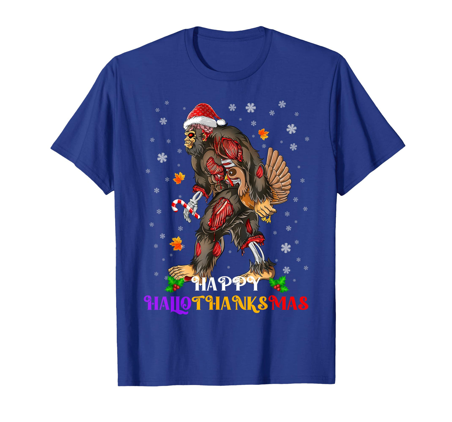 Happy Hallothanksmas Bigfoot Halloween Thanksgiving Xmas T-Shirt