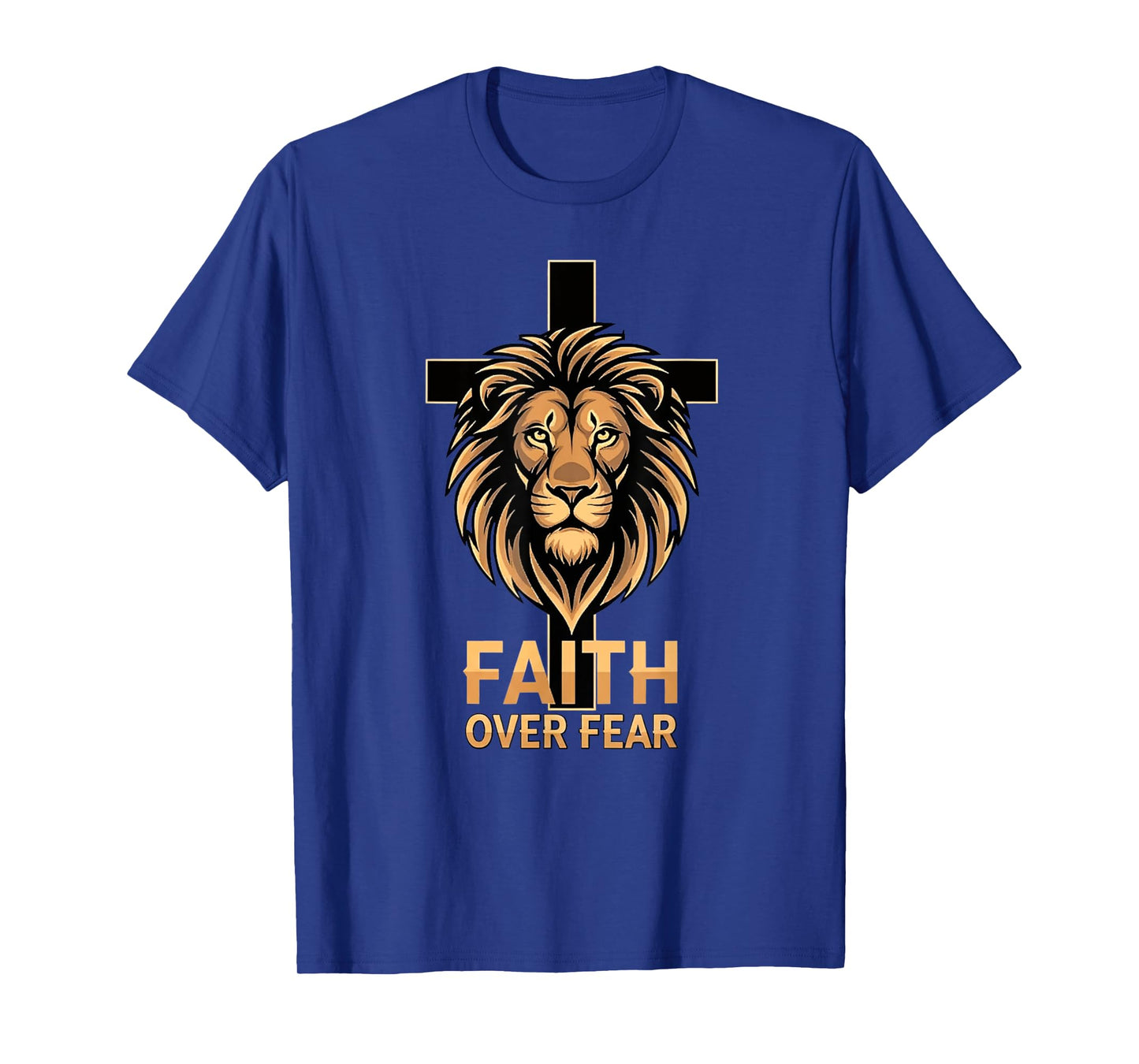 Christian Faith Overcomes Fear Cross Lion Design T-Shirt