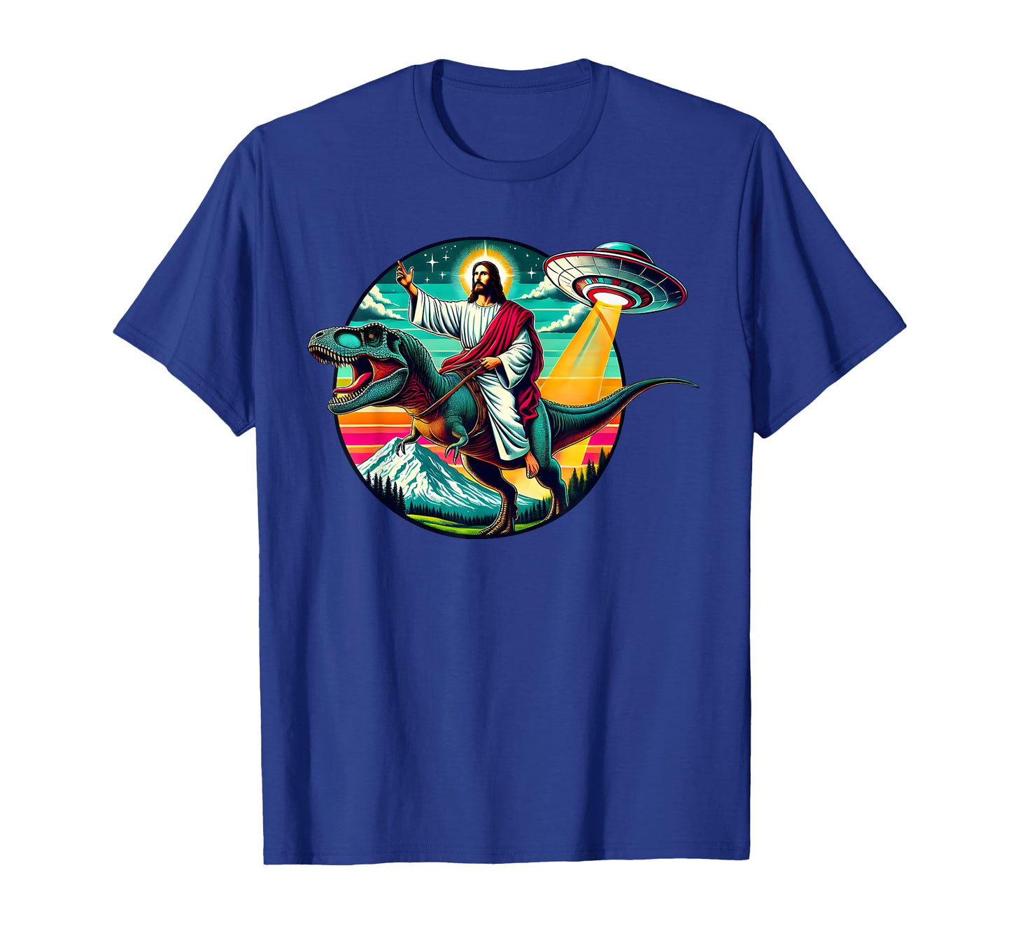 Jesus Riding Dinosaur UFO Alien Cross Religious Retro God T-Shirt