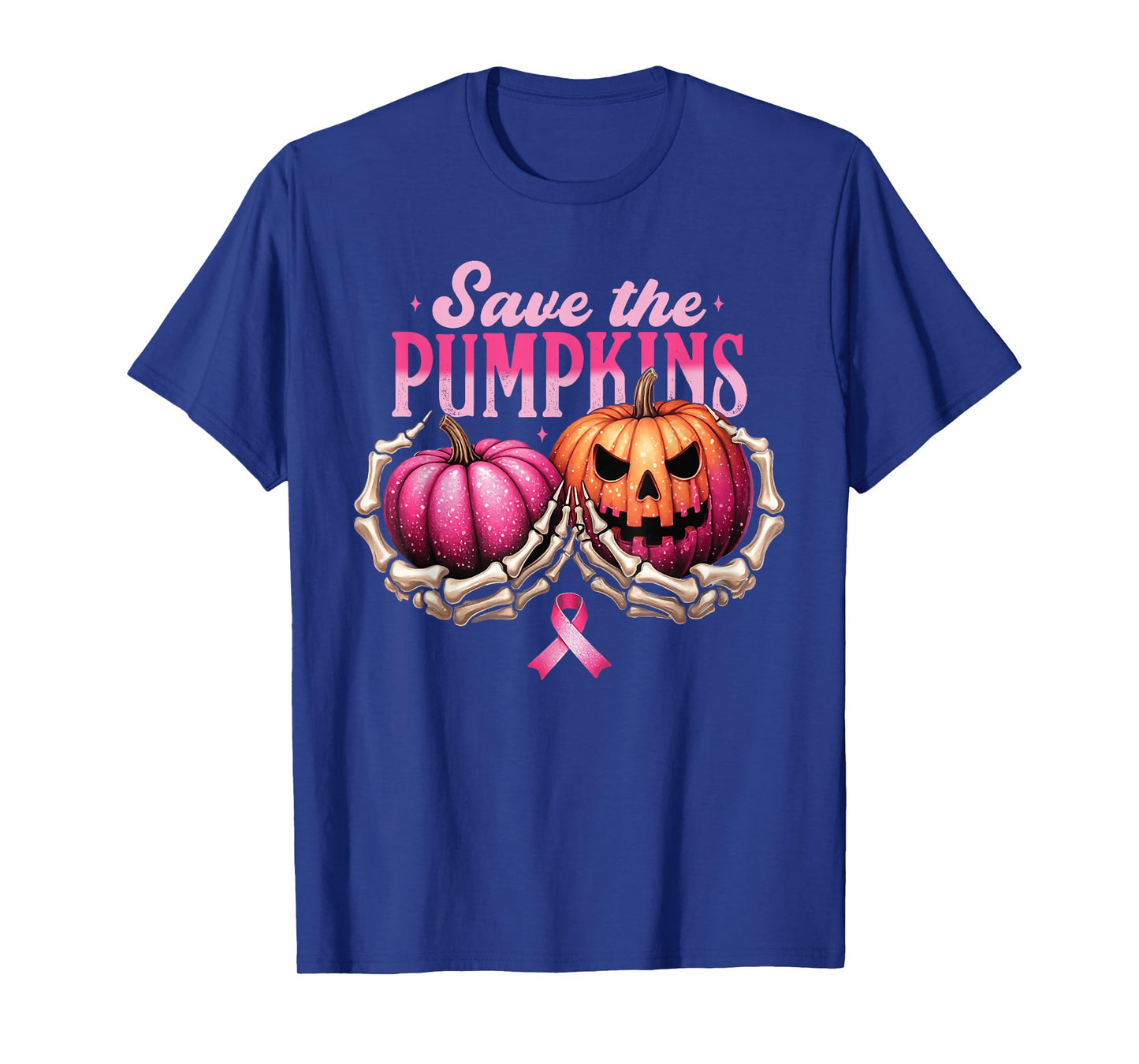 Save The Pumpkins Skeleton Hand Hold Breast Cancer Halloween T-Shirt
