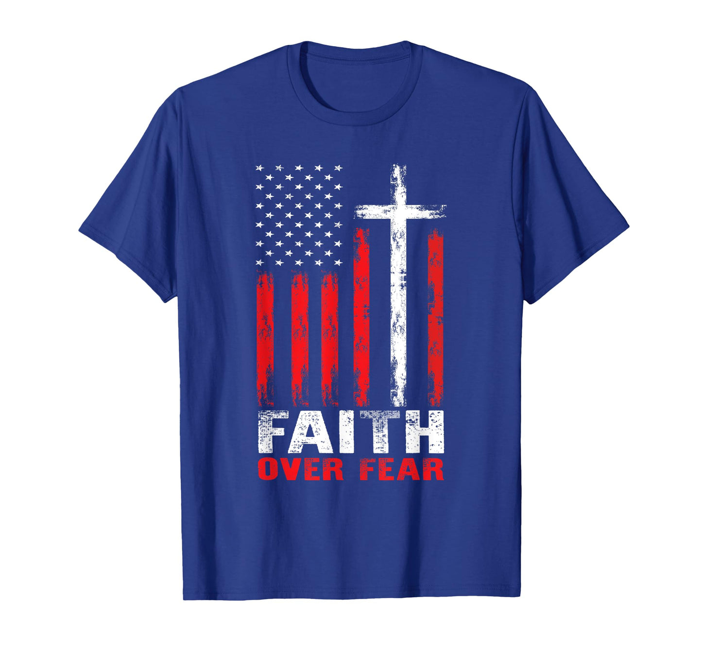 Faith Over Fear Christian Cross American Flag Distress T-Shirt