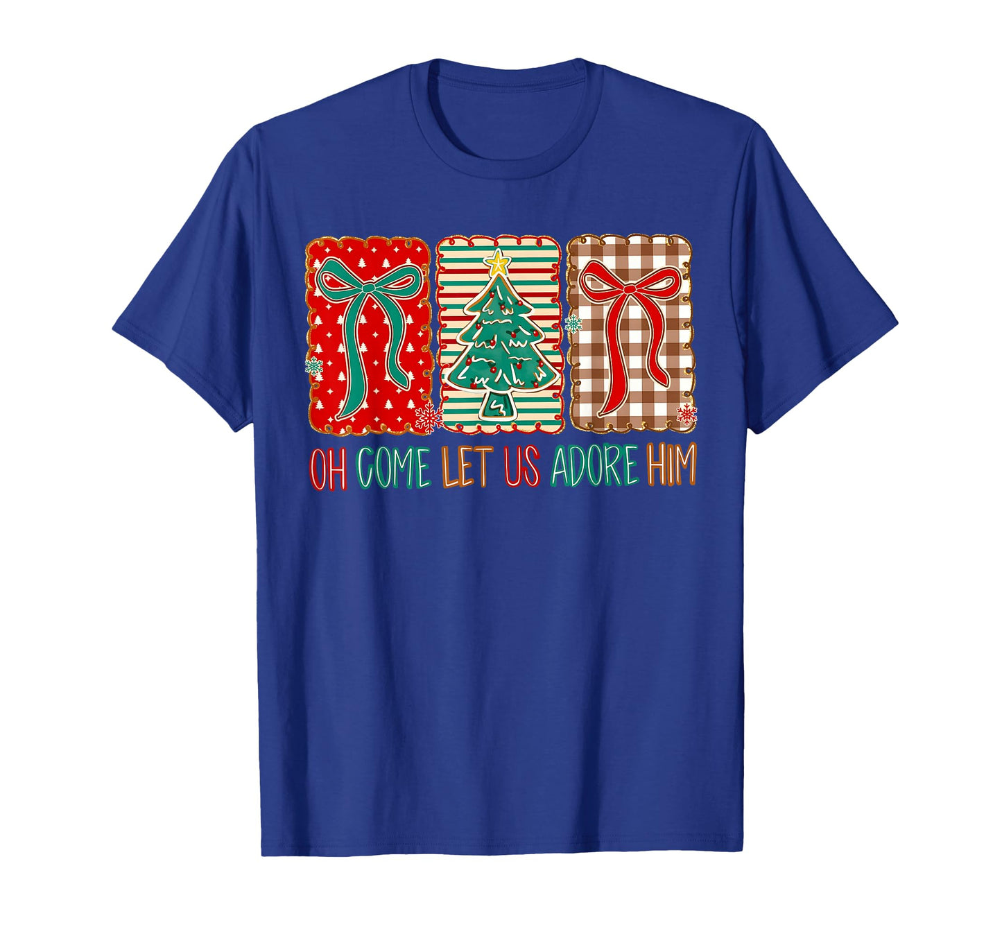 Preppy Christian Christmas Tree Oh Come Let Us Adore Him Bow T-Shirt