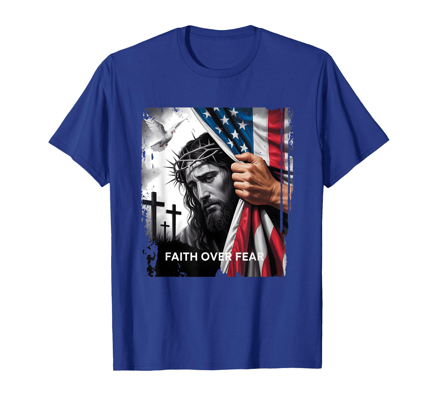 Faith Over Fear Sad Face Of Jesus Christian Usa Flag Patriot T-Shirt