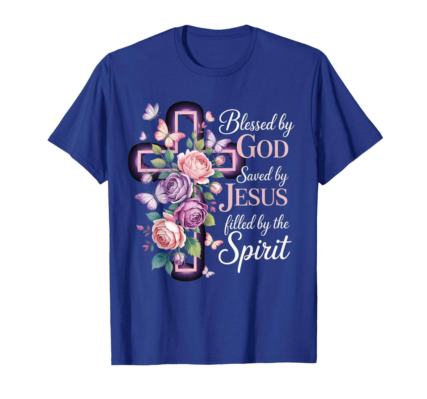 Blessed by God Saved by Jesus Purple Floral Cross Christian T-Shirt
