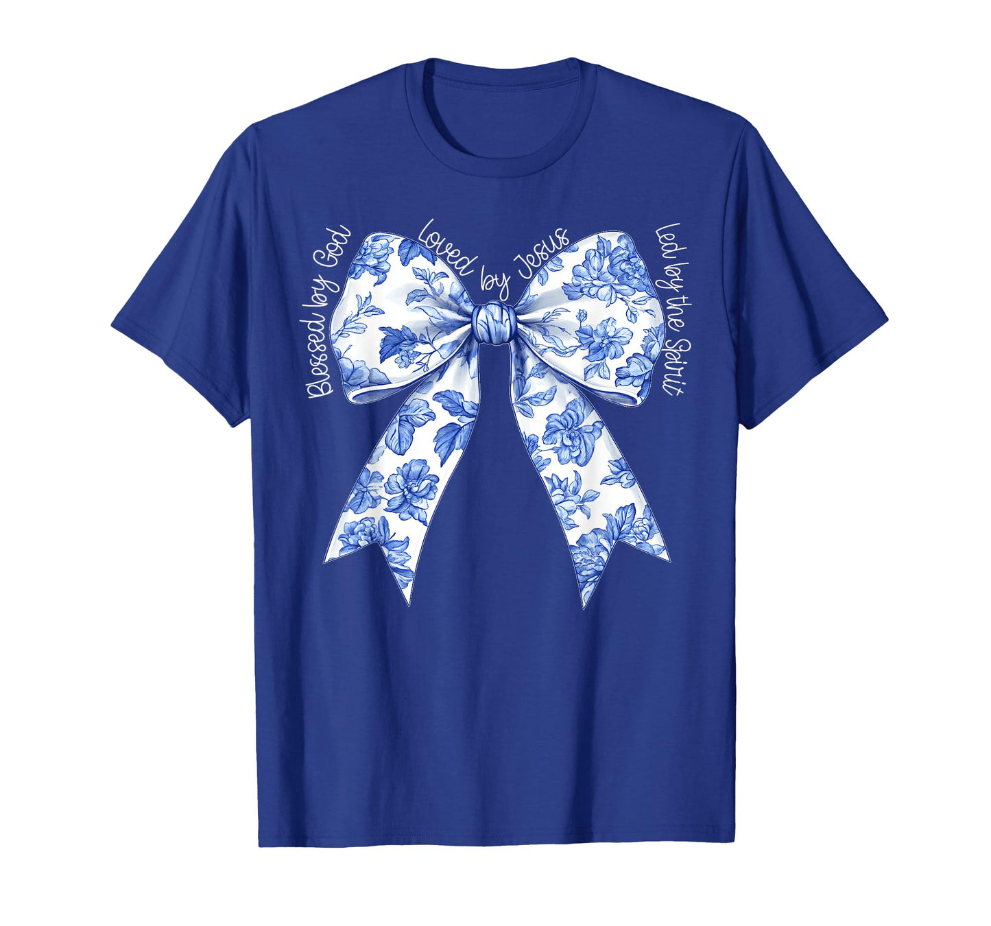 Blessed By God Loved By Jesus Blue Toile Coquette Bow T-Shirt