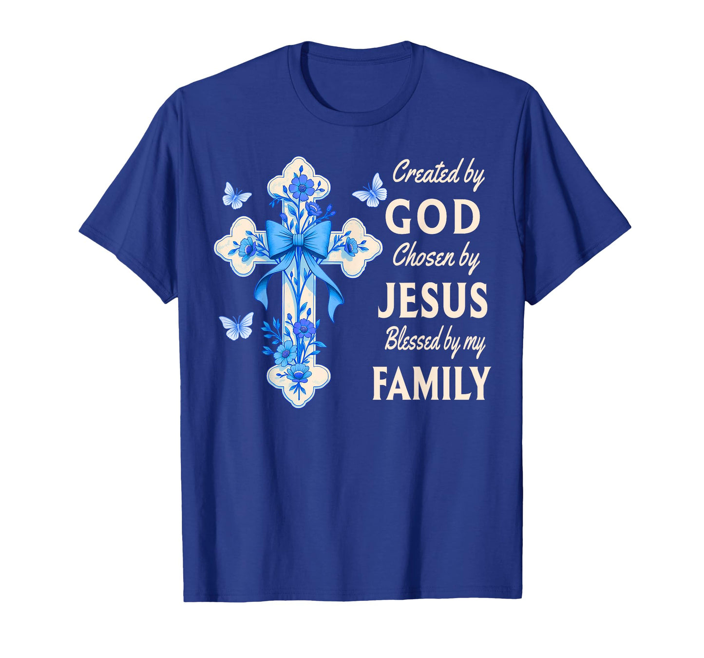 Created By God Blessed By Family Blue Toile Floral Cross T-Shirt