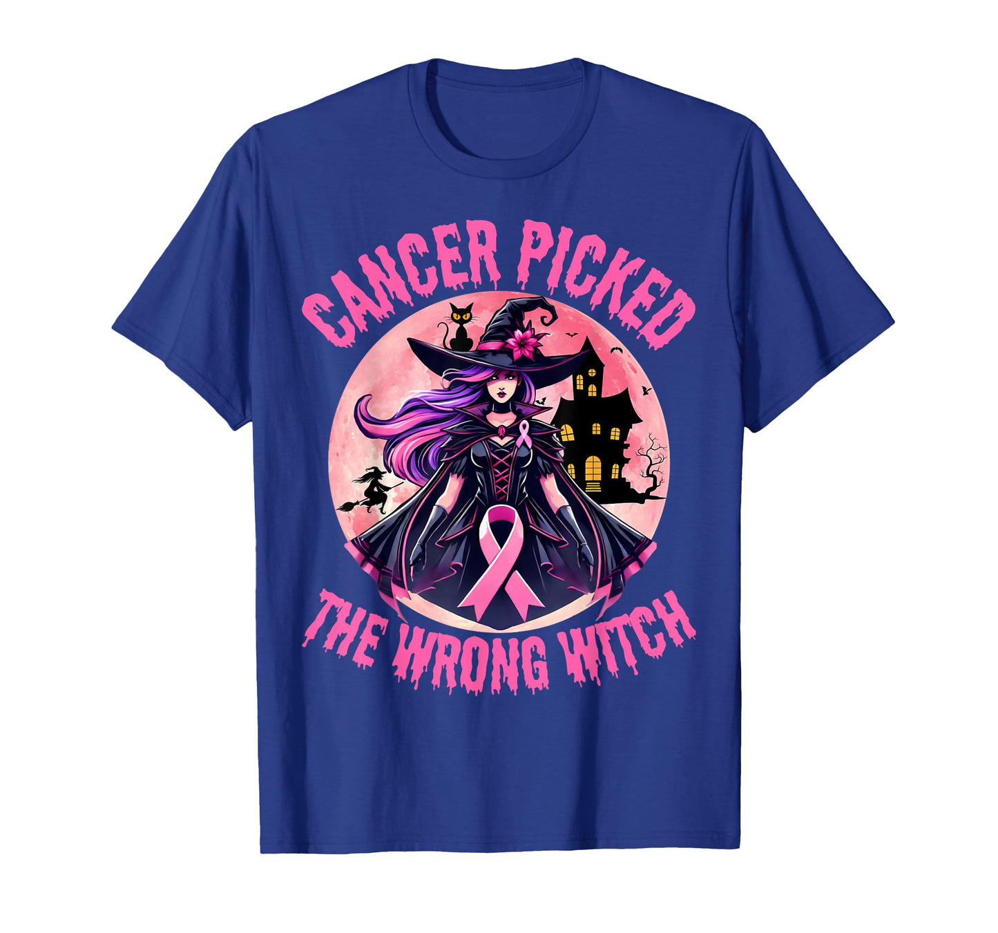 Breast Cancer Picked The Wrong Witch Halloween Melanin Cat T-Shirt