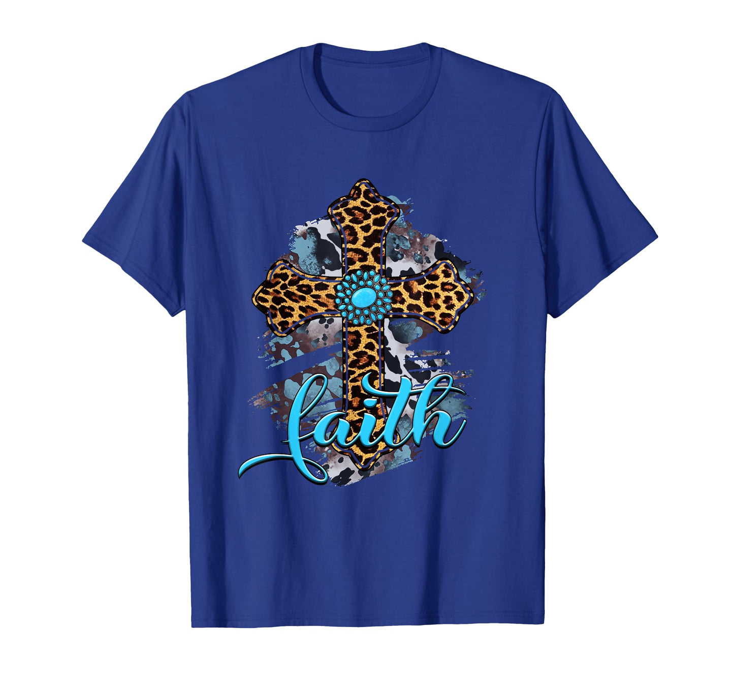 Western Boho Christian Turquoise Leopard Faith Cross Jesus T-Shirt