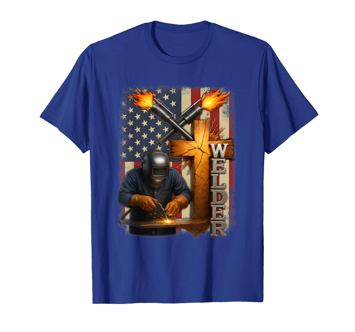 Welder USA Flag Cross Welding Faith Christian Work Pride T-Shirt