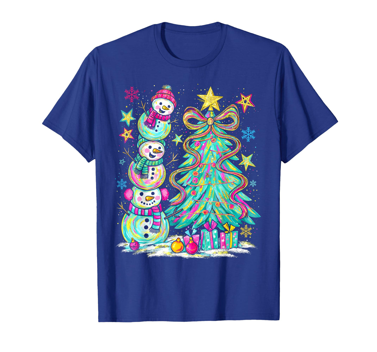 Colorful Snowman Christmas Tree Coquette Bow Women Girl Kids T-Shirt