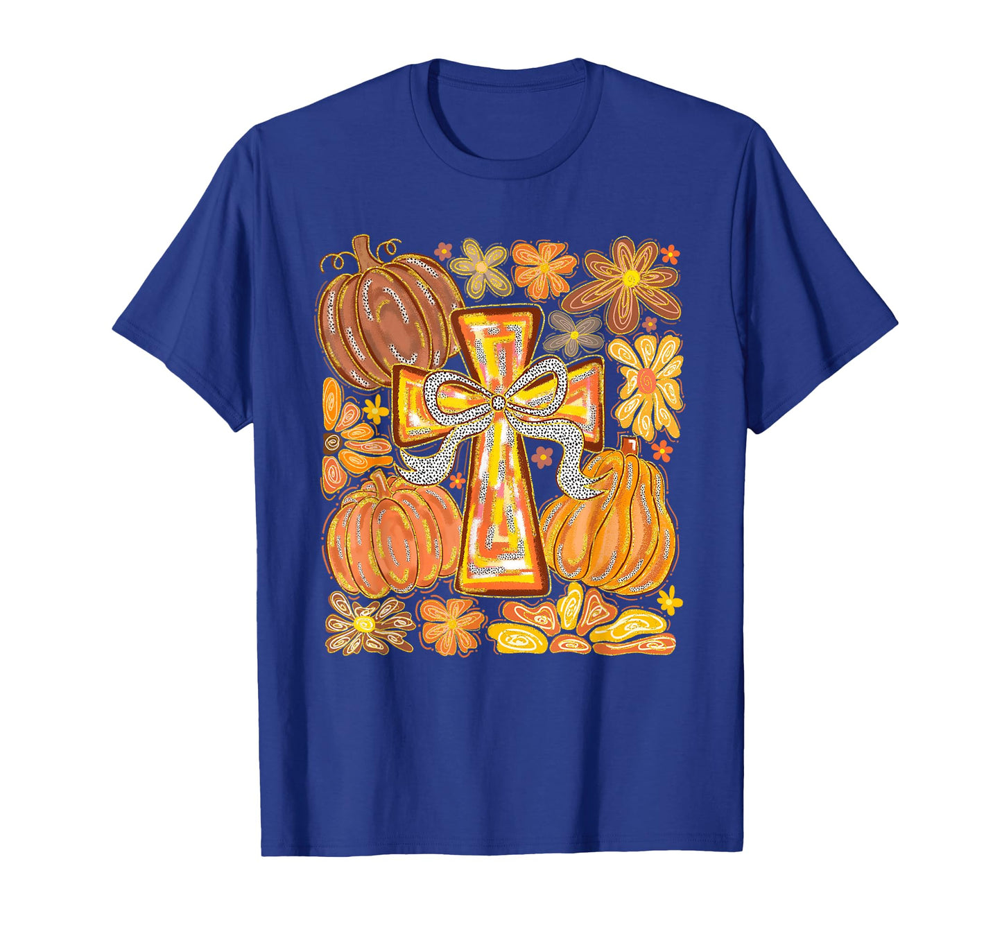 Fall Cross Pumpkins & Flowers Christian Autumn Faith Women T-Shirt