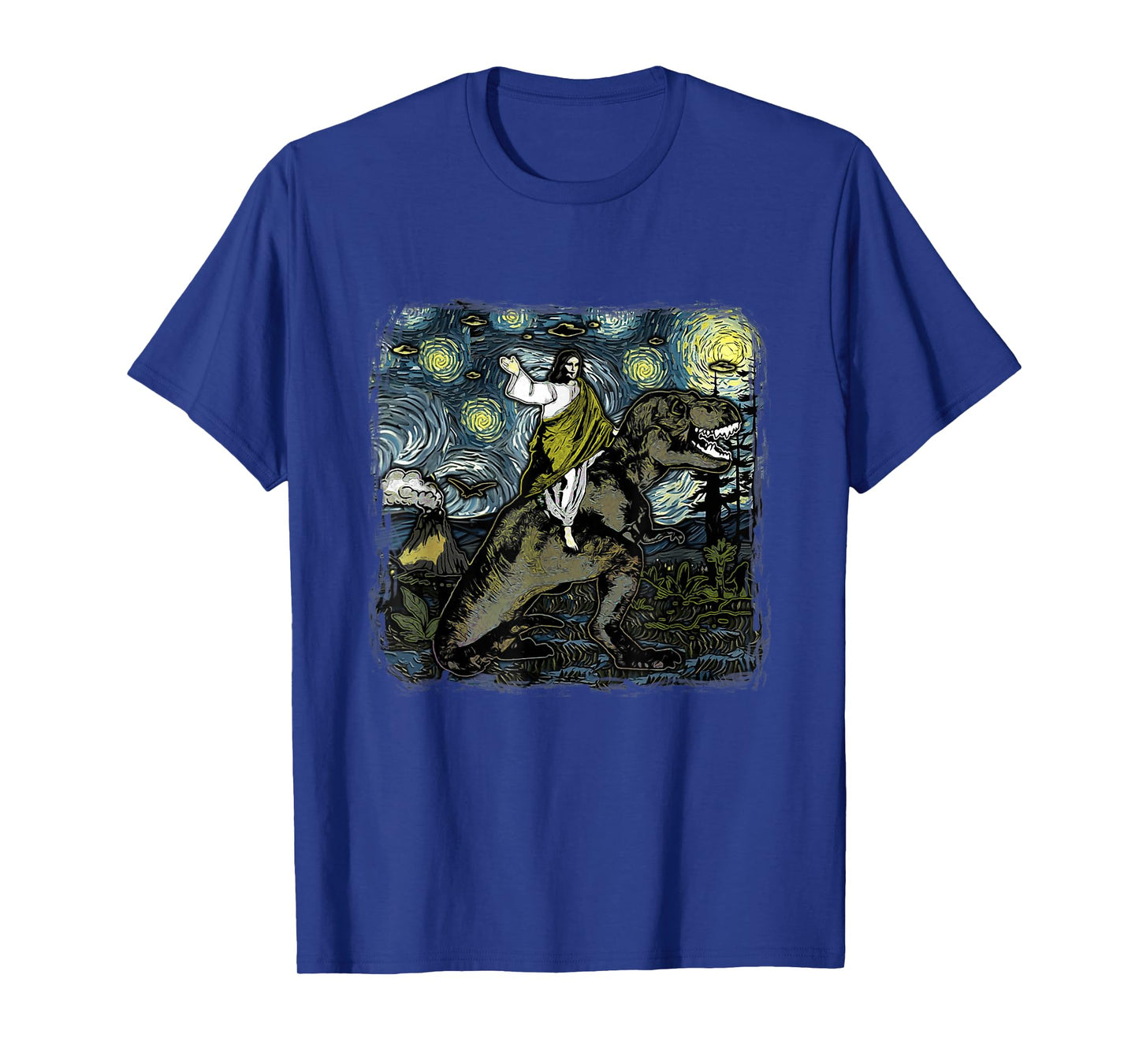 Jesus Riding Dinosaur Starry Night Funny Men Women UFOs T-Shirt