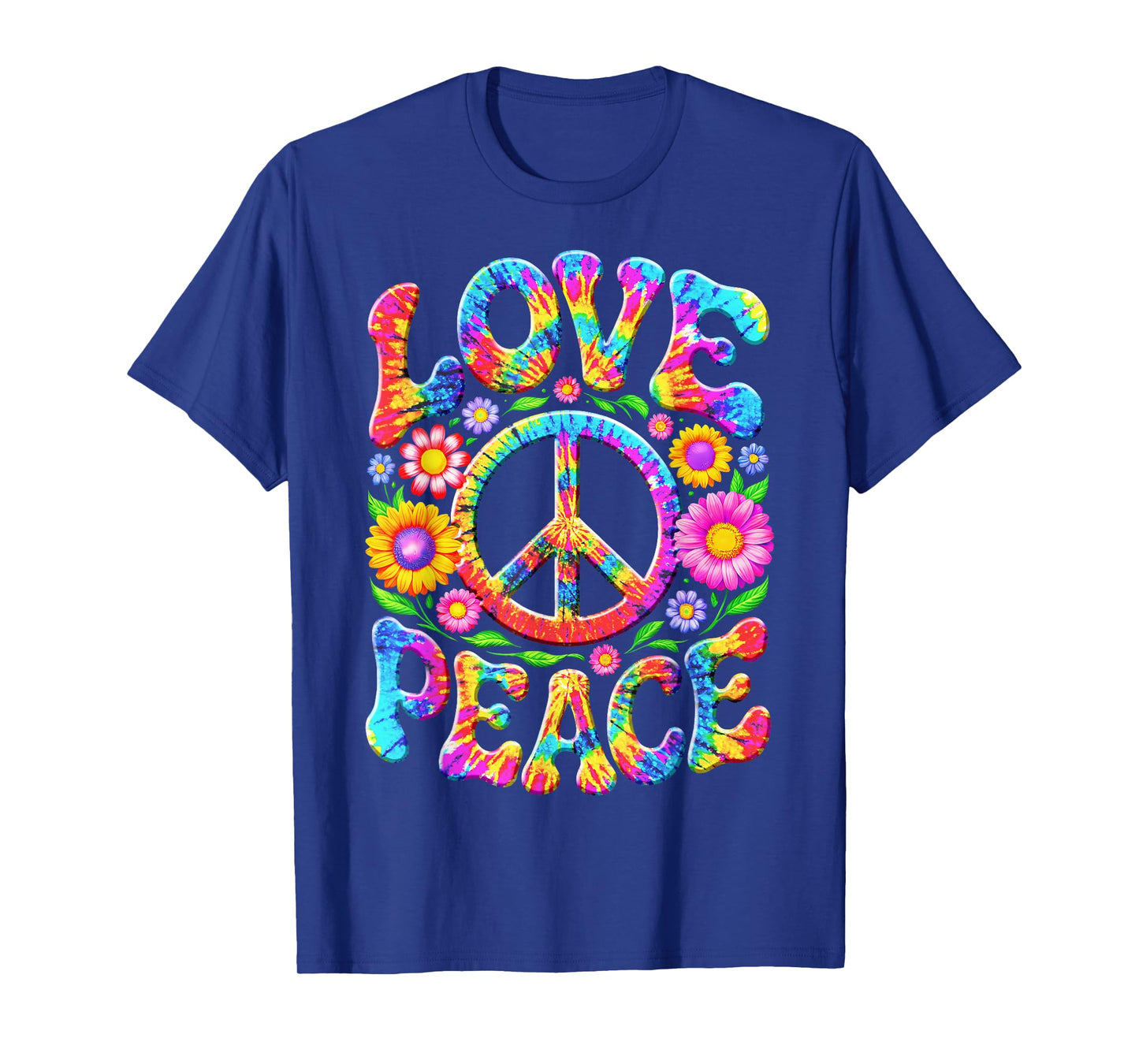 Colorful Flowers Love Peace Sign 60s 70s Tie Dye Floral T-Shirt