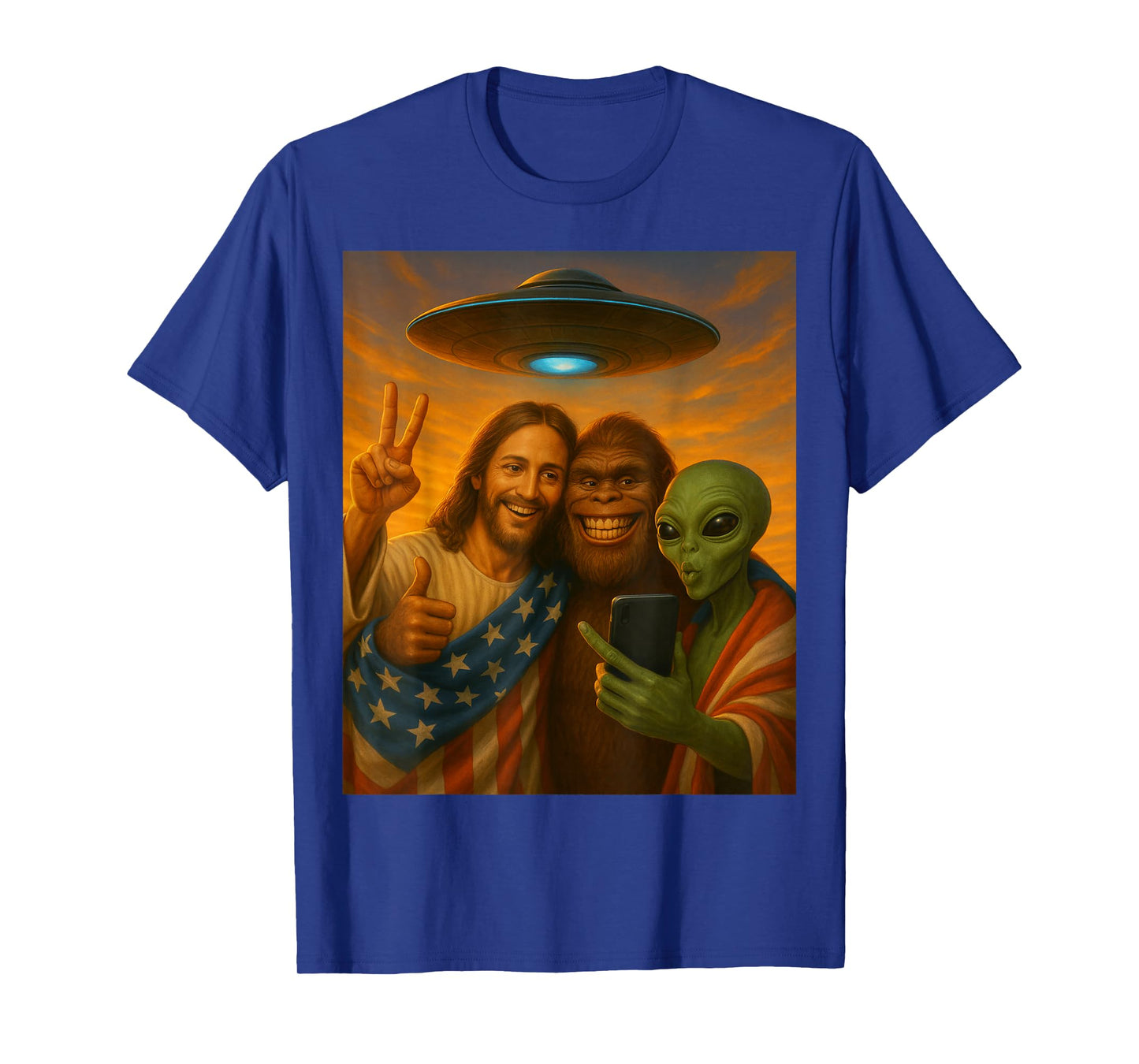 Jesus Selfie with Alien Bigfoot Funny Patriotic US Christian T-Shirt