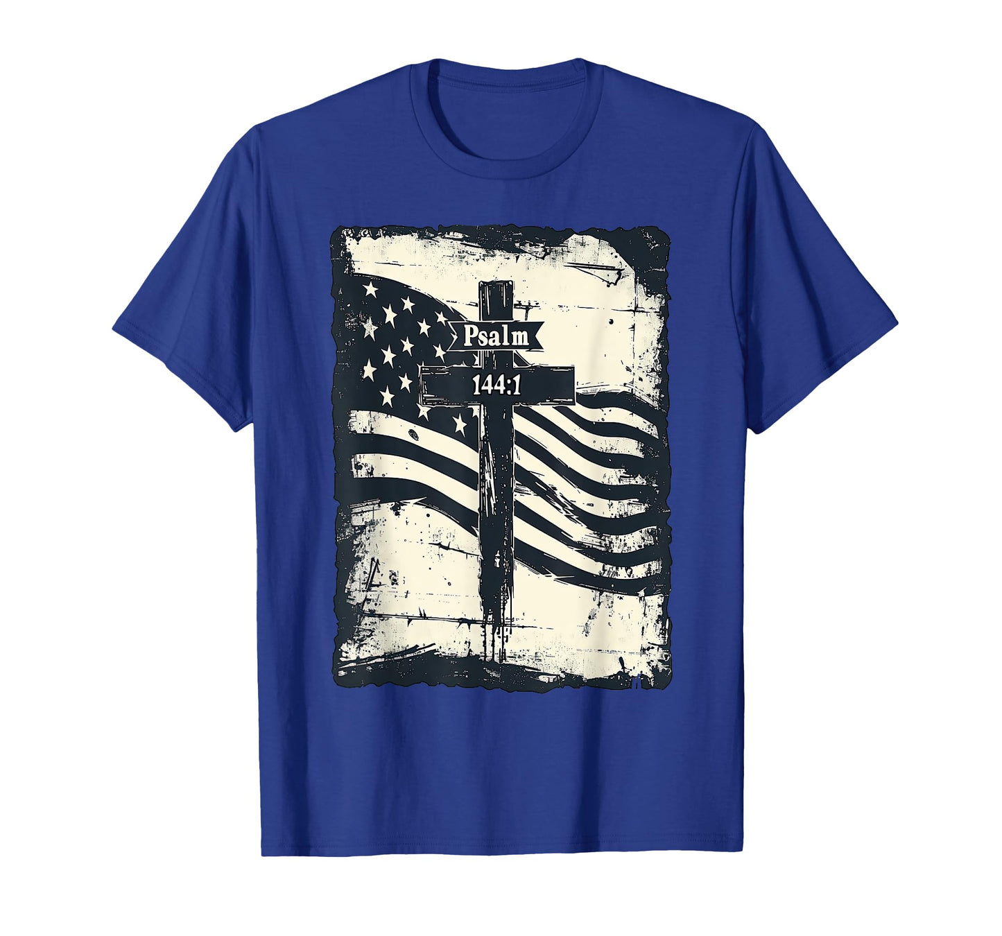Psalm 144:1 Vintage US Flag Christian Cross Bible Verse T-Shirt