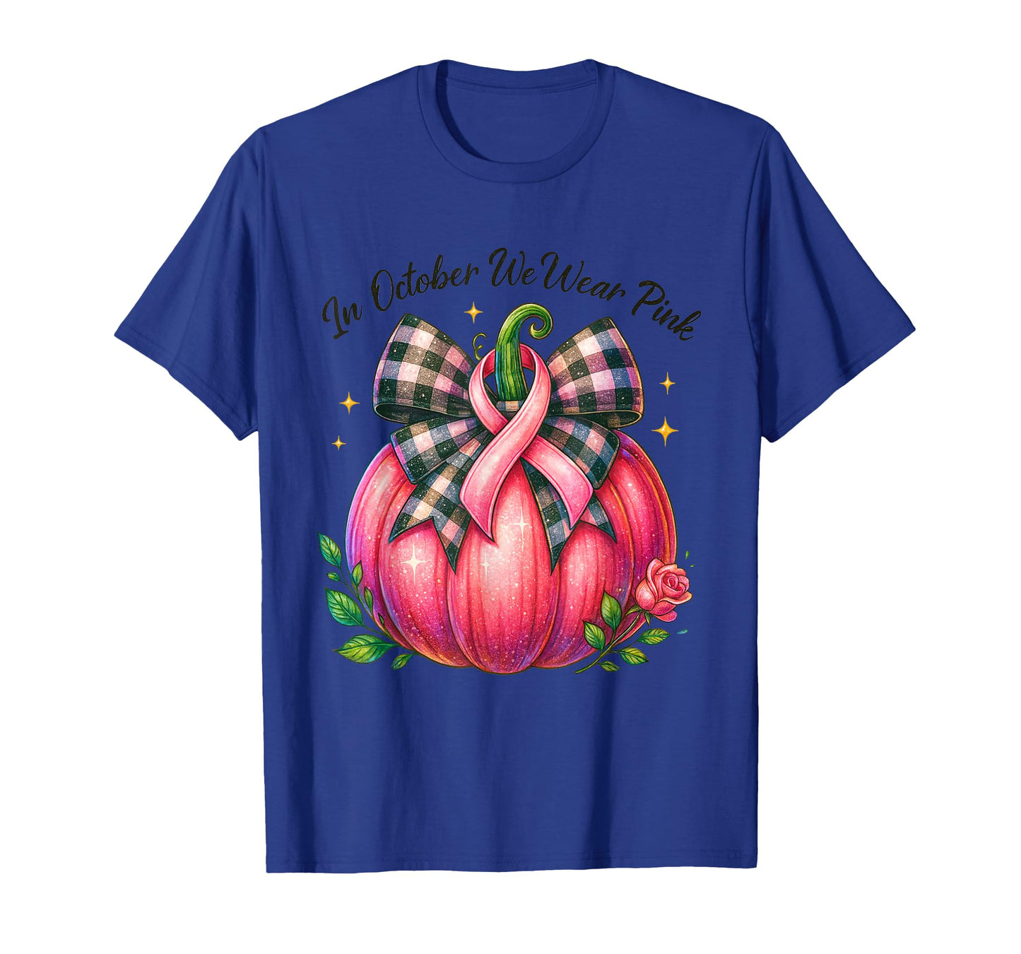 Bow Tie Pumpkin in October We Wear Pink Ribbon Breast Cancer T-Shirt