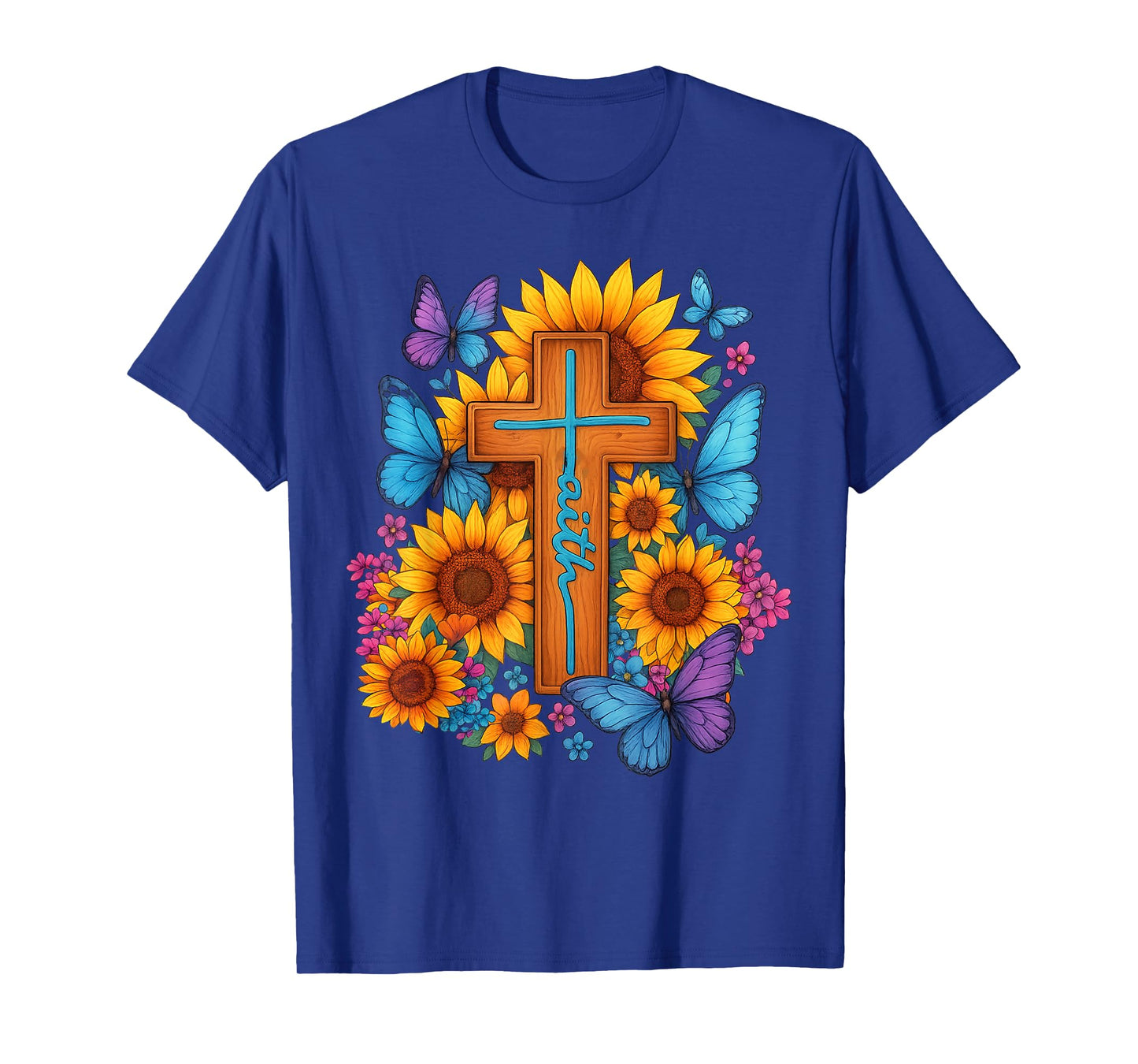 Sunflower Butterfly Cross Faith Christian T-Shirt