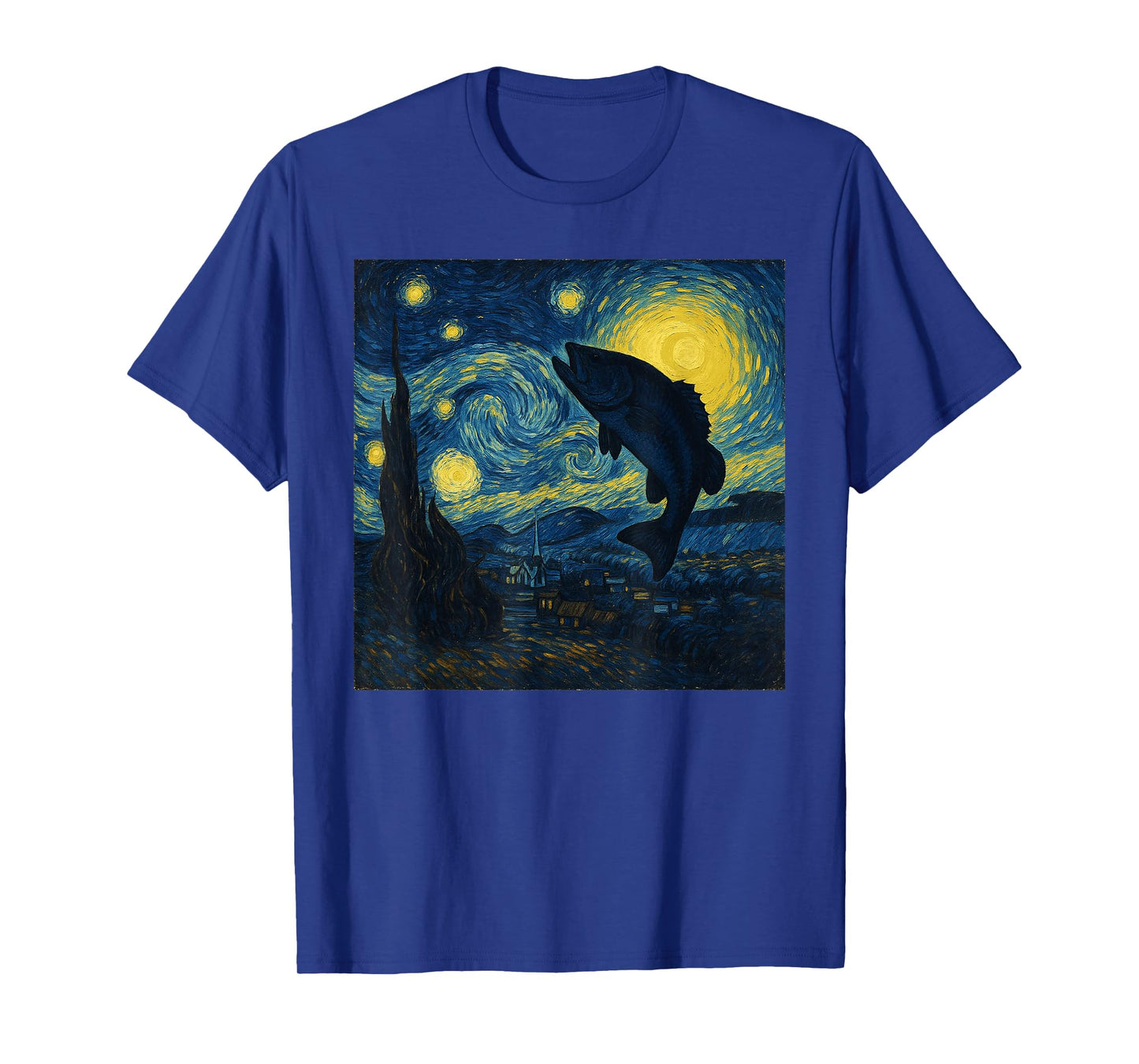Starry Night Van Gogh Bass Fish Fisherman Funny Graphic T-Shirt