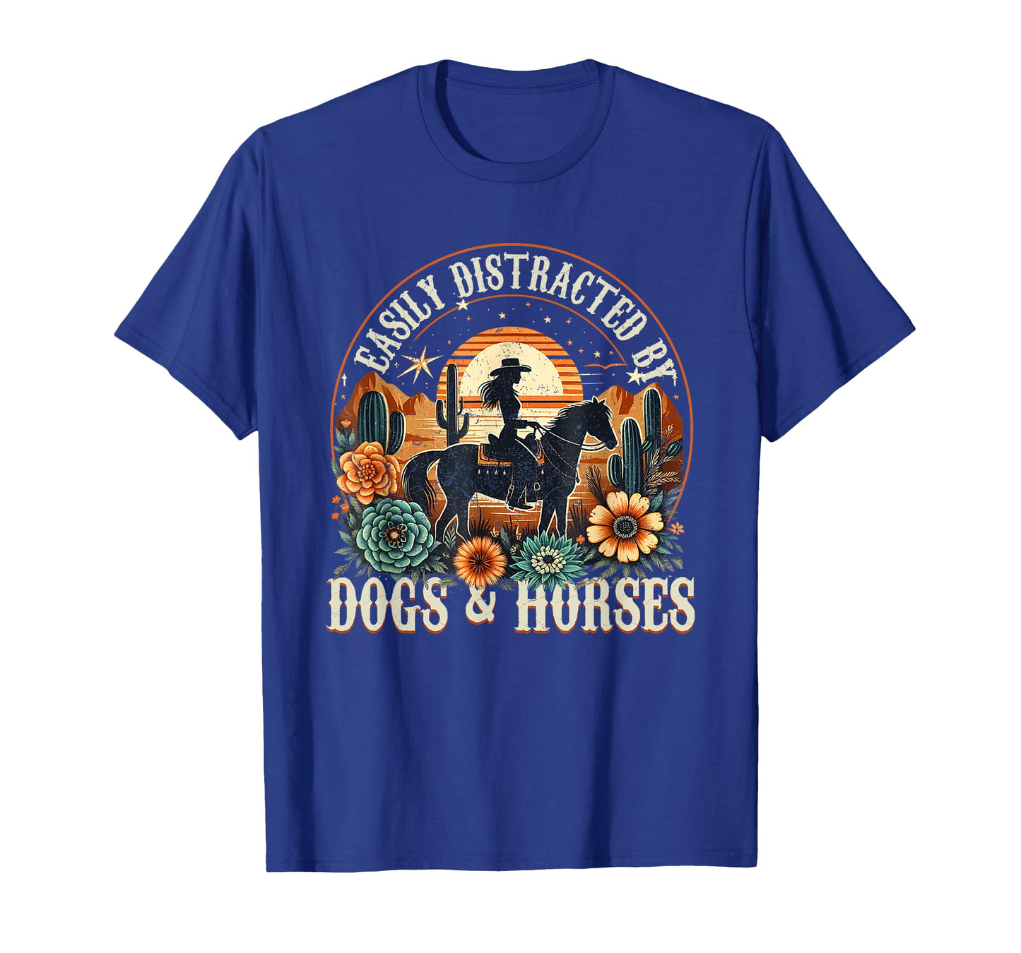 Easily Distracted By Dogs And Horse Funny Horse Retro Sunset T-Shirt