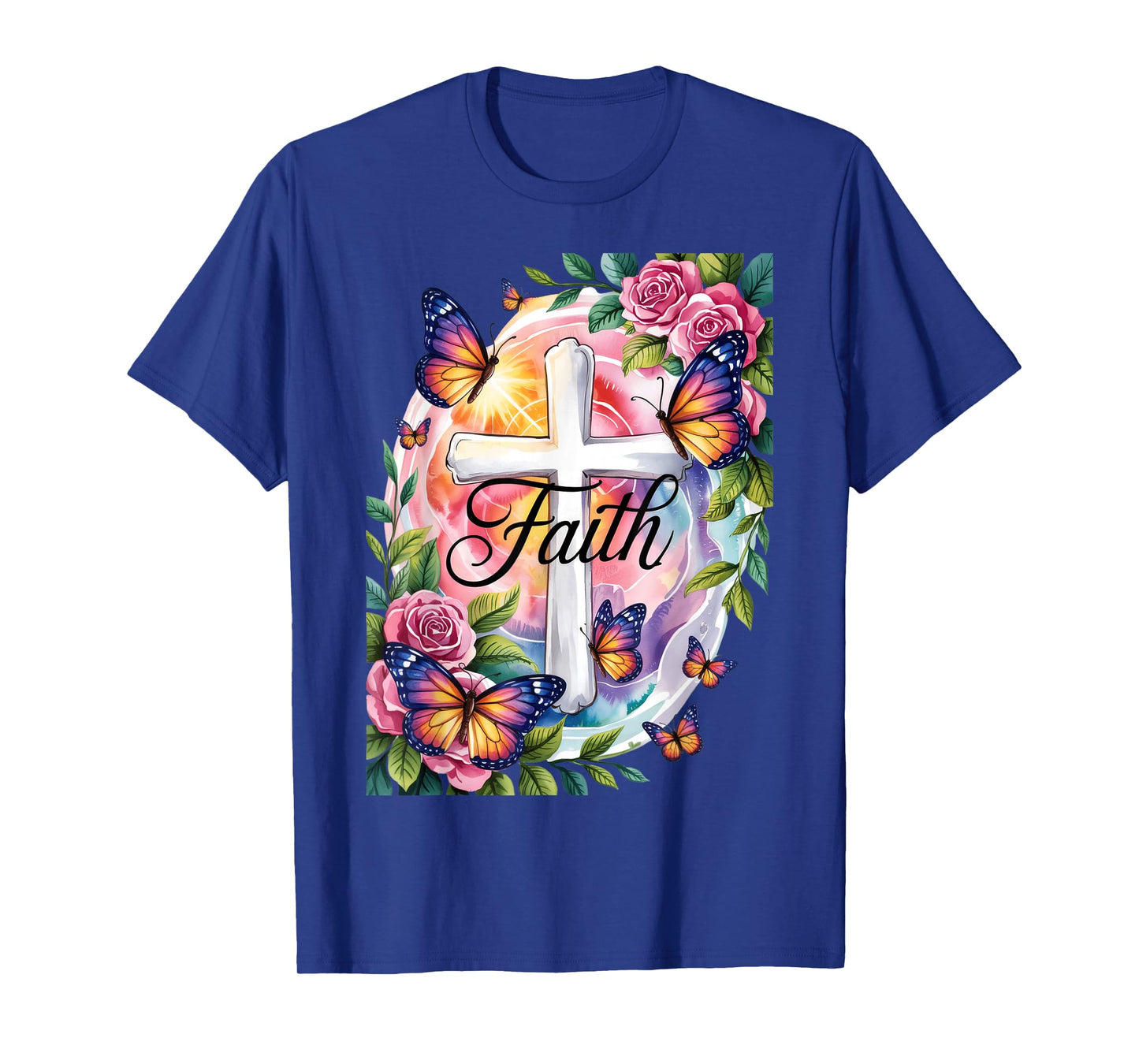 Faith Cross Butterflies Floral Religious Christ Flowers T-Shirt