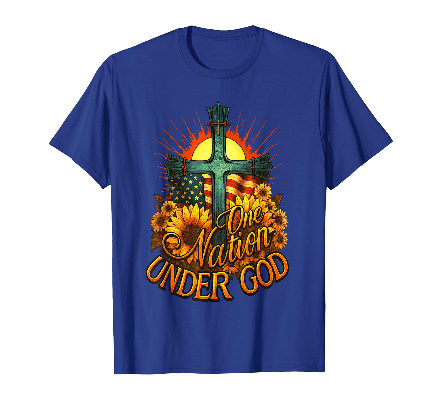 One Nation Under God USA Flag Cross Sunflower Patriotic T-Shirt