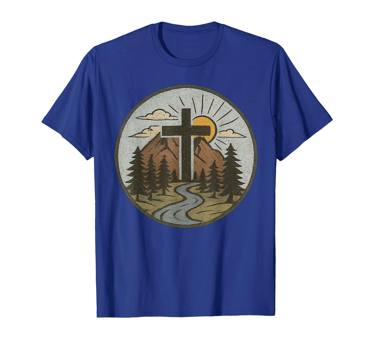 Christian Cross Mountains River Sunrise Faith-Inspired T-Shirt