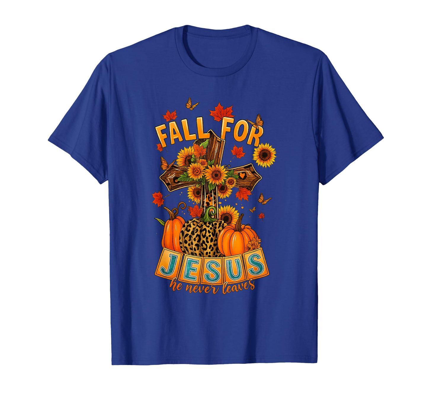 Fall for Jesus He Never Leaves Cross Faith Pumpkin Leopard T-Shirt
