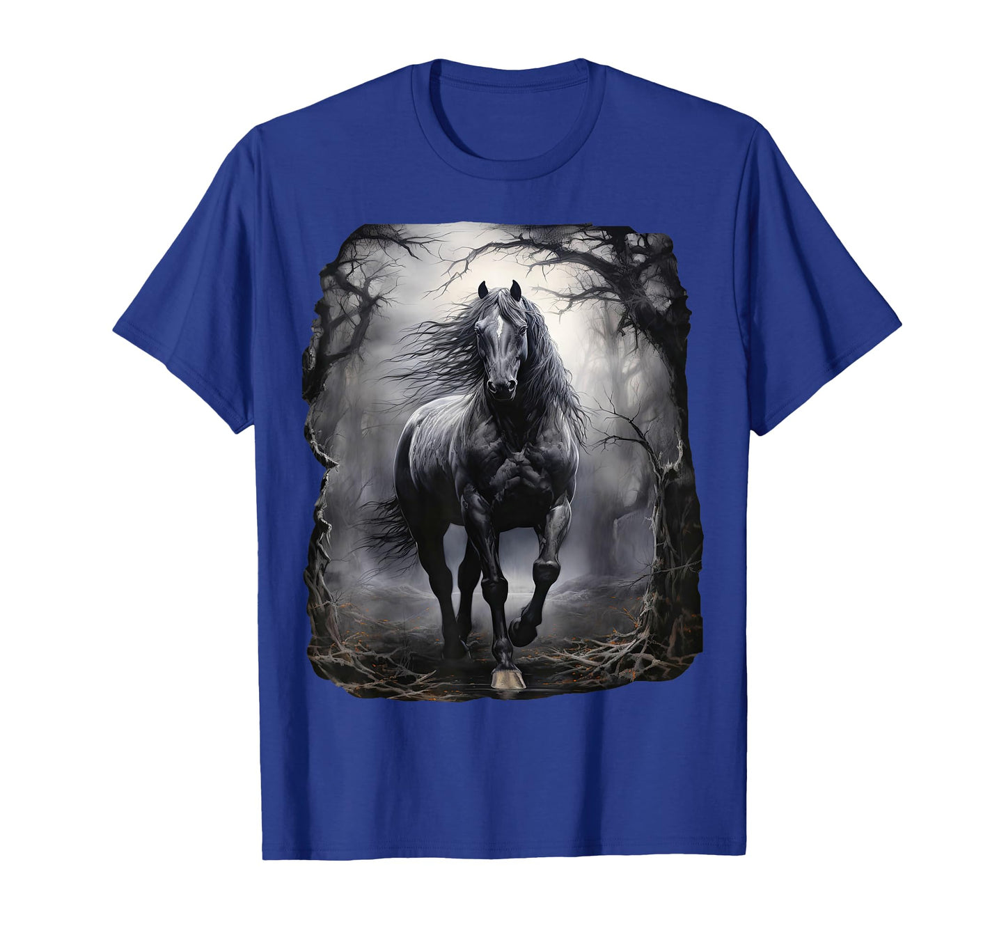 Beautiful black Horse running through the forest by night T-Shirt